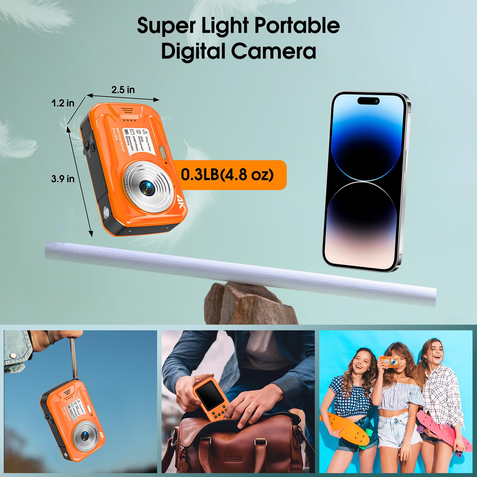 Digitalkamera, Yixinxin Unterwasserkamera 4K 64MP 16FT wasserdichte Kamera zum Schnorcheln, IPS HD Bildschirm 16X Digitalzoom und 32GB Karte