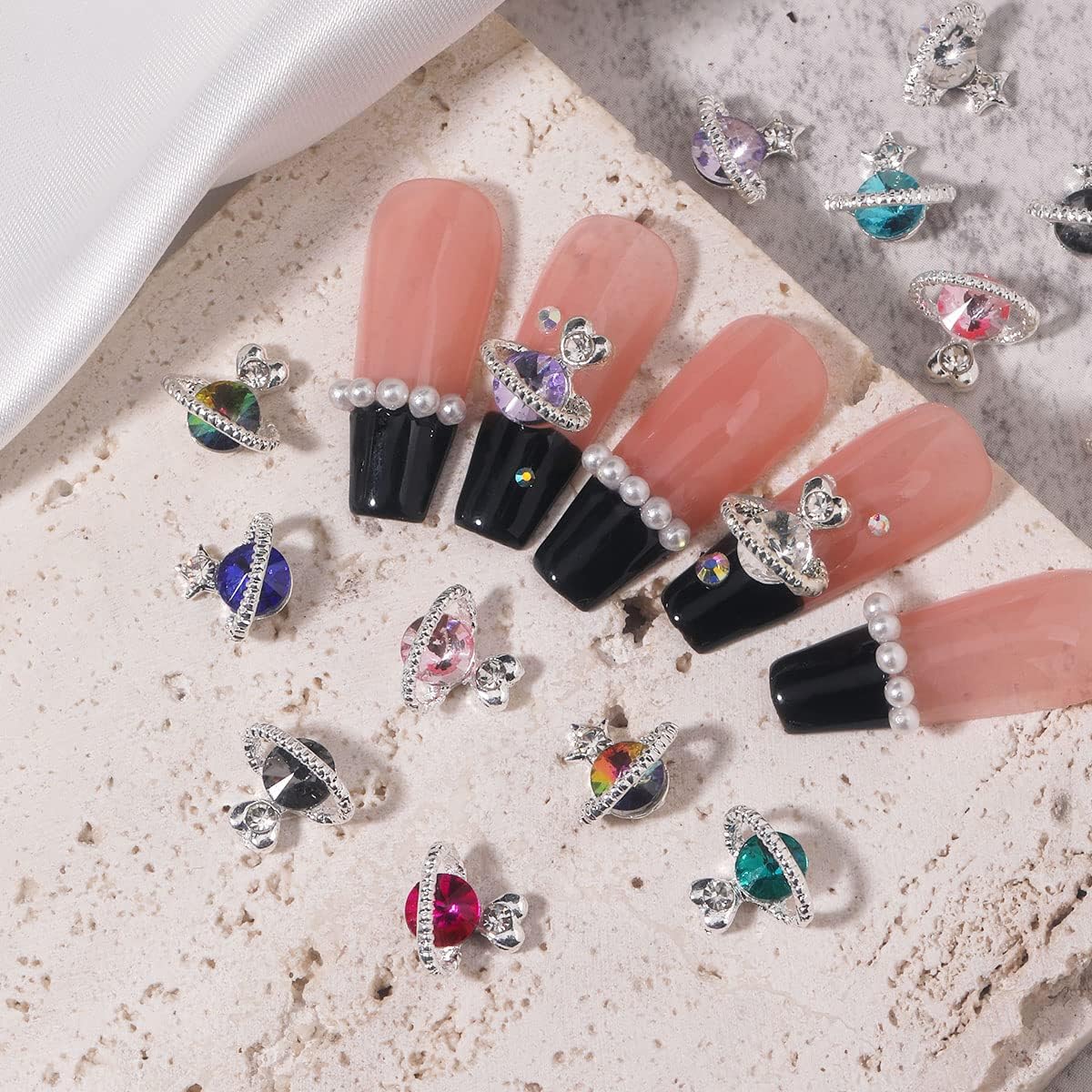 Planet Nail Charms, 54 Pcs 3D Nail Rhinestones Shiny Silver Heart Saturn Shape Nail Art Alloy Diamond Crystal Luxury Jewelry Nail Studs Nail Gems for Women DIY Crafts Decoration Supplies (9 Colors) image 2