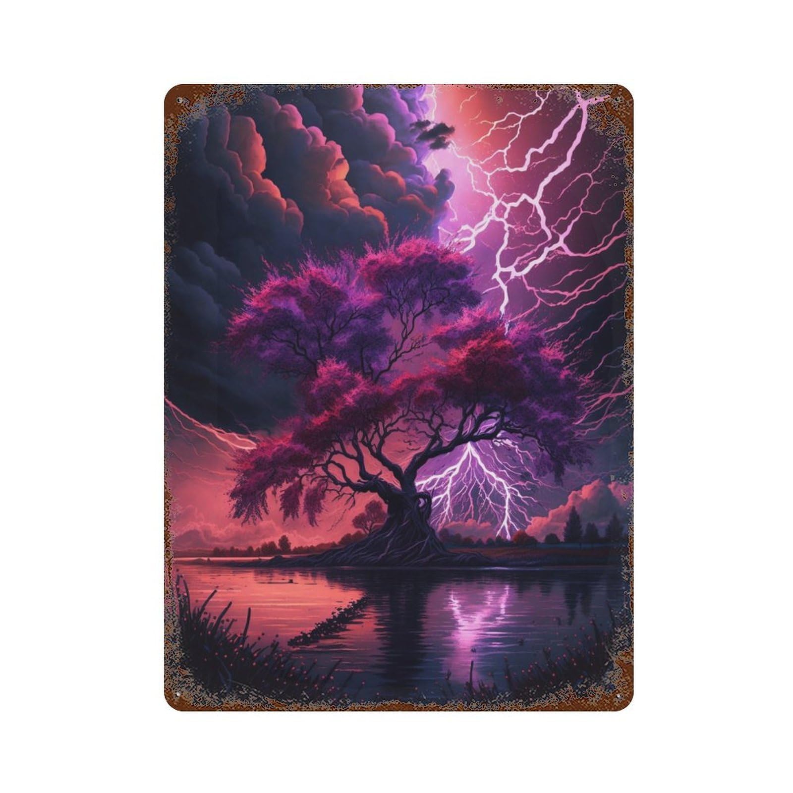 Rust Effect Thunderstorm Tree Reflections -1 Weathered Tin Sign 15.7"x11.8", Shabby Chic Decor for Patio, Garden Room And Bar Decor