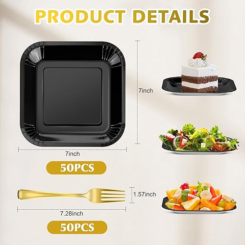 Miniatura 2 de Dandat 100 platos cuadrados desechables de 7 pulgadas con tenedores de plástico, platos de postre de papel, 50 invitados, vajilla de aluminio para