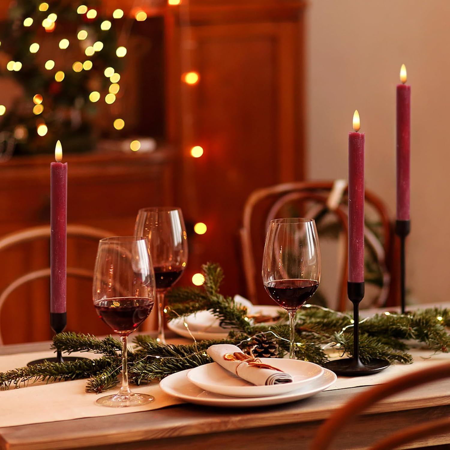 Red Flameless Taper Candles Battery Operated Flickering with 6H Timer, 3D Wick LED Taper Candles Real Wax Candlesticks, Party Christmas Home Decor 6 Pack 9.6" Christmas Red