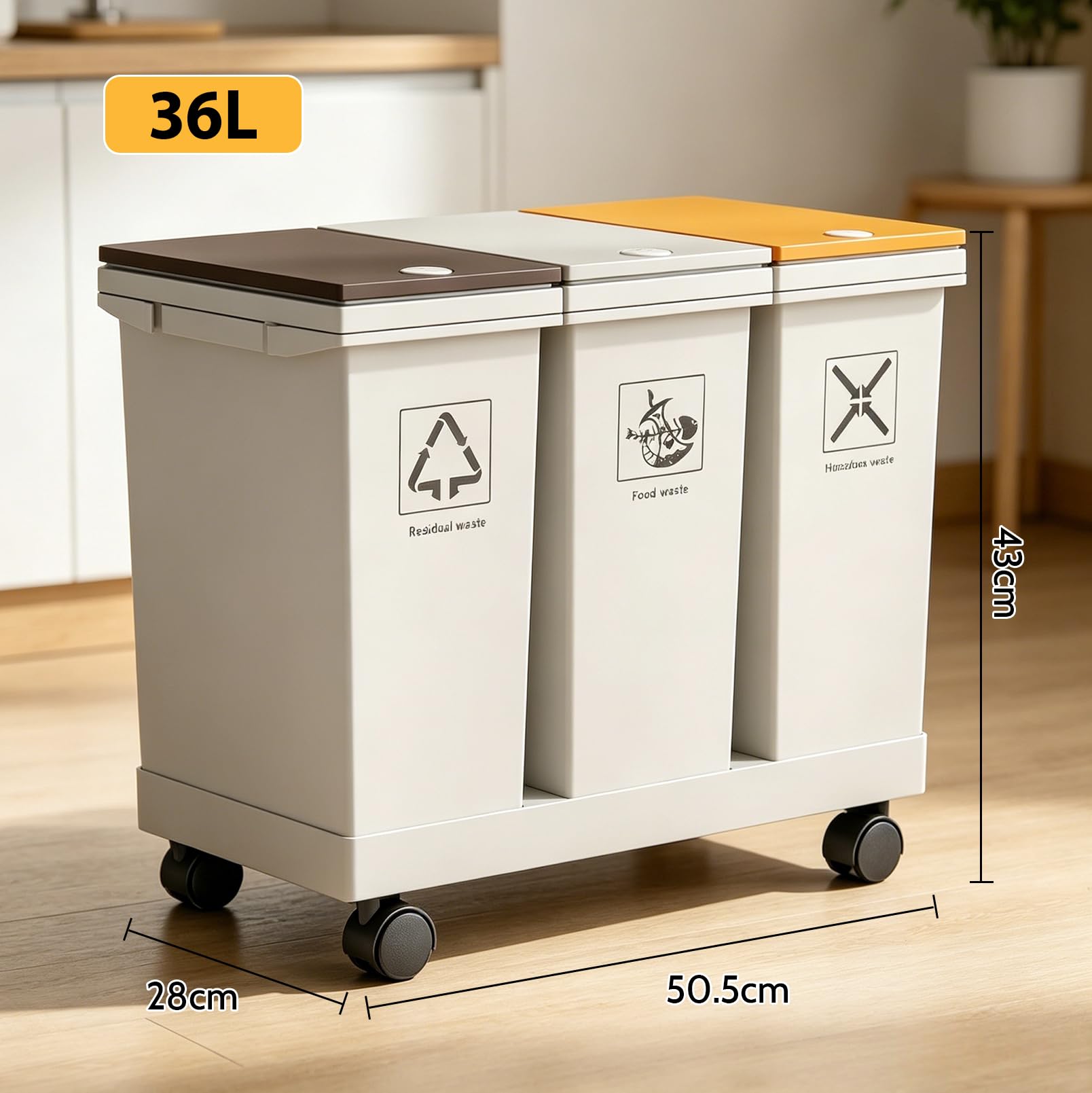 Lot de 3 poubelles, 3 x 12 l, système de tri des déchets de cuisine avec pied | Poubelle différenciée amovible, poubelle de recyclage avec couvercle et roulettes, pour cuisine, maison, bureau, poubelle