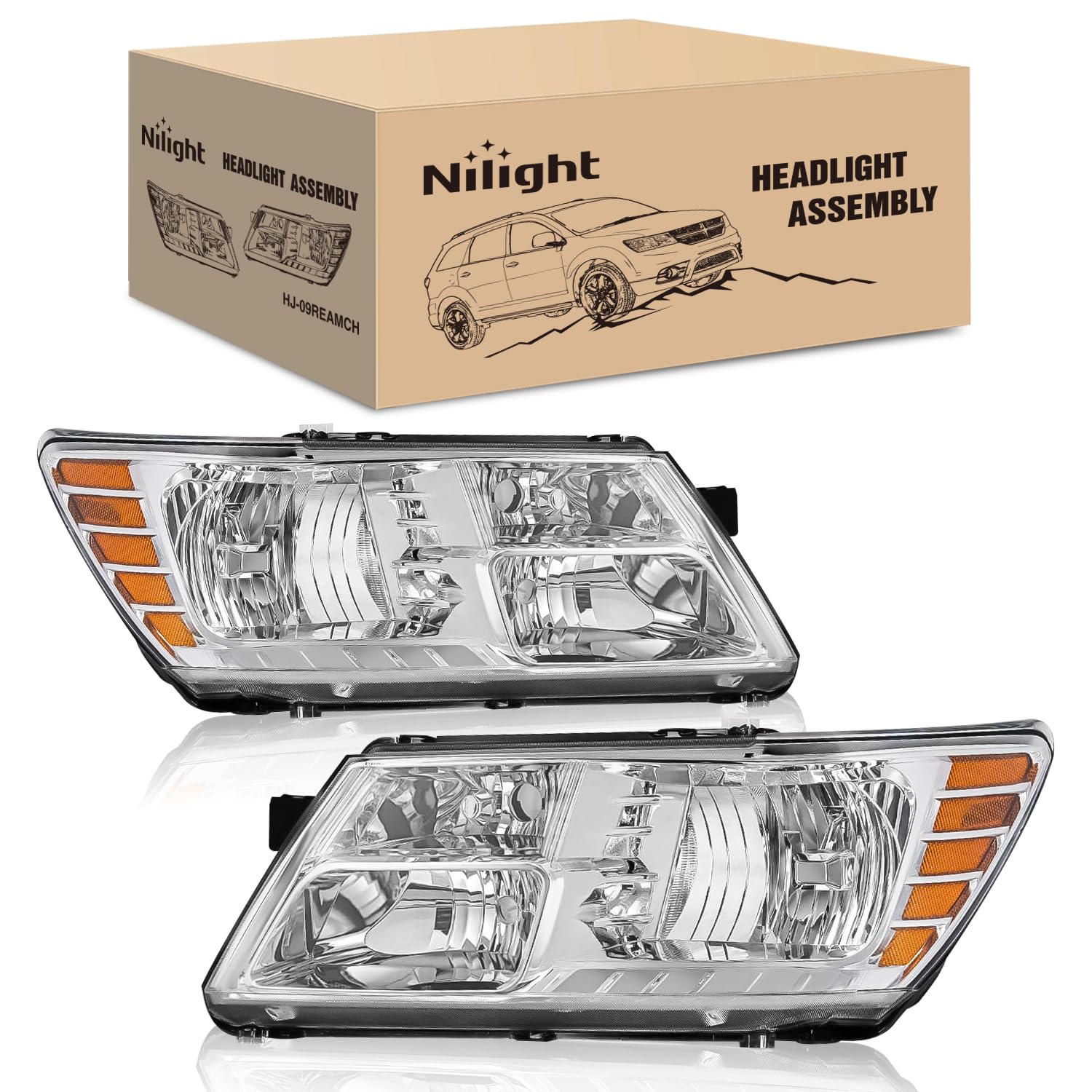 Nilight Headlight Assembly Compatible with 2009 2010 2011 2012 2013 2014 2015 2016 2017 2018 2019 2020 Dodge Journey Chrome Housing Amber Reflector