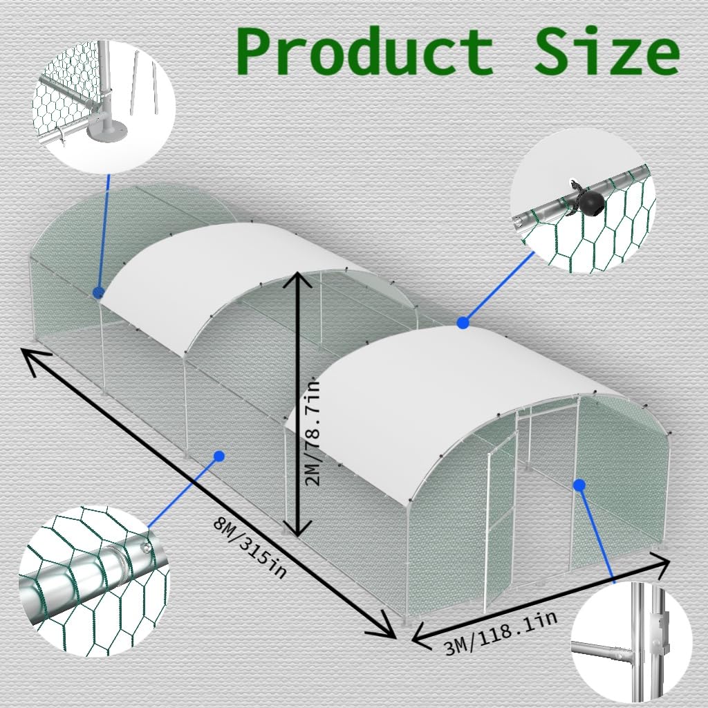 Freilaufgehege Bogen Dach 3x8x2m,Hühnerstall aus Verzinkter Stahl Mit PE Dachabdeckung,Verdickte PVC Verbinder &Riegel für Haustierkäfig Hühnerkäfig Kleintiere Pflanzen