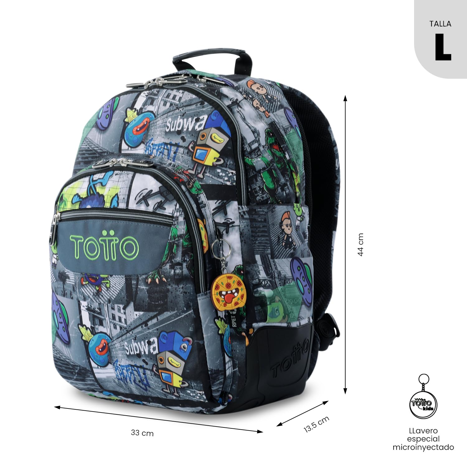 TOTTO - Mochila Escolar Grande, Modelo Rayol, Capacidad 19 L, 3 Compartimentos, 2 Bolsillos Botella, Bolsillo para PC 14", Espaldar Ergonómico con Flujo de Aire, Correas en S, Estampado Rolly Negro