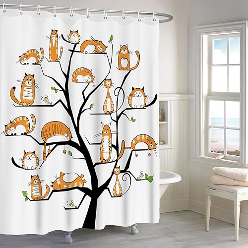Renaiss Cortina de ducha con diseño de gato de 72 x 72 pulgadas para niños bebés animales de dibujos animados divertidos gatos en árbol cortina de