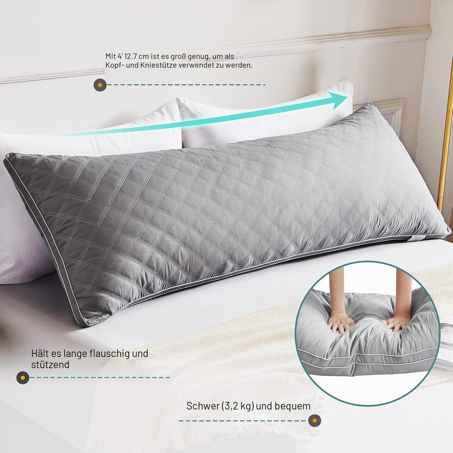 Oubonun Premium Seitenschläferkissen 53 x 137 cm – Langes Körperkissen mit anpassbarer Füllung – Gestepptes Body Pillow mit formstabiler Polyesterfüllung – Schlafkissen für Seitenschläfer