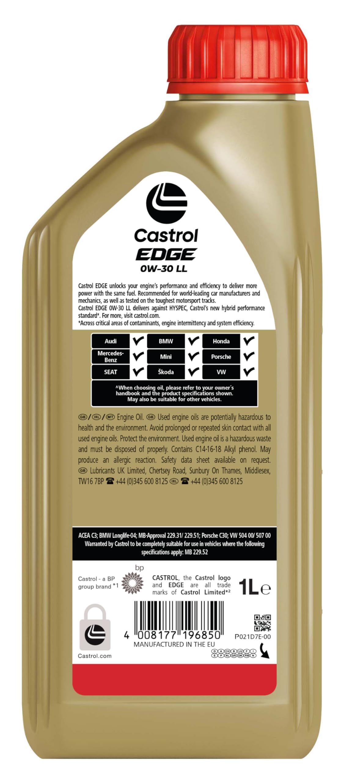 Castrol EDGE 0W-30 LL Longlife, Aceite de Motor Avanzado Sintético, Cumple con la Especificación ACEA C3, 1L