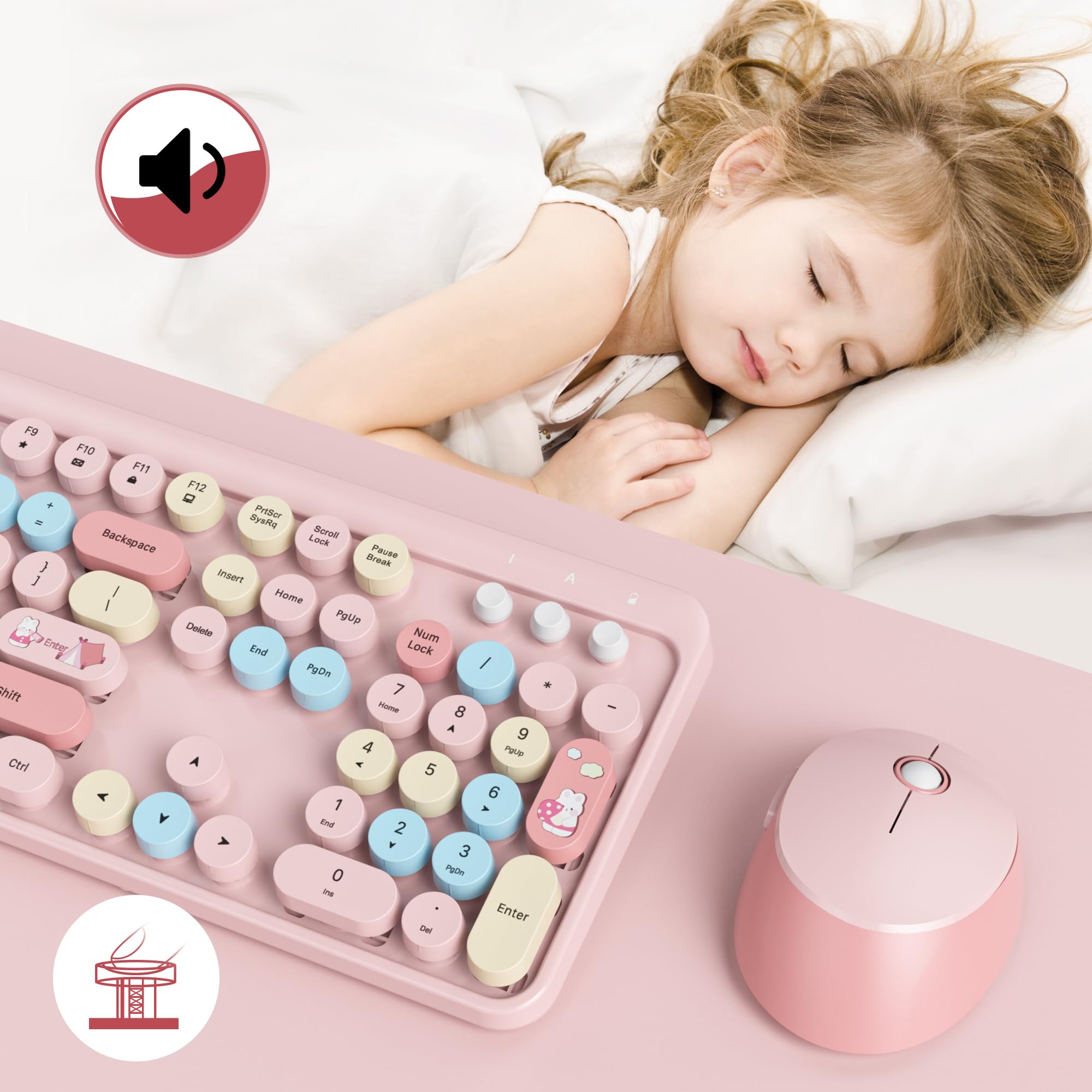 SOLIDEE Combo Tastiera e Mouse Wireless,tastiera macchina da scrivere retro,Tastiera per Computer con Tasti Rotondi 2.4GHz con Tastierino Numerico,Tastiera a 104 Tasti(Americana QWERTY)(Mixed Pink)
