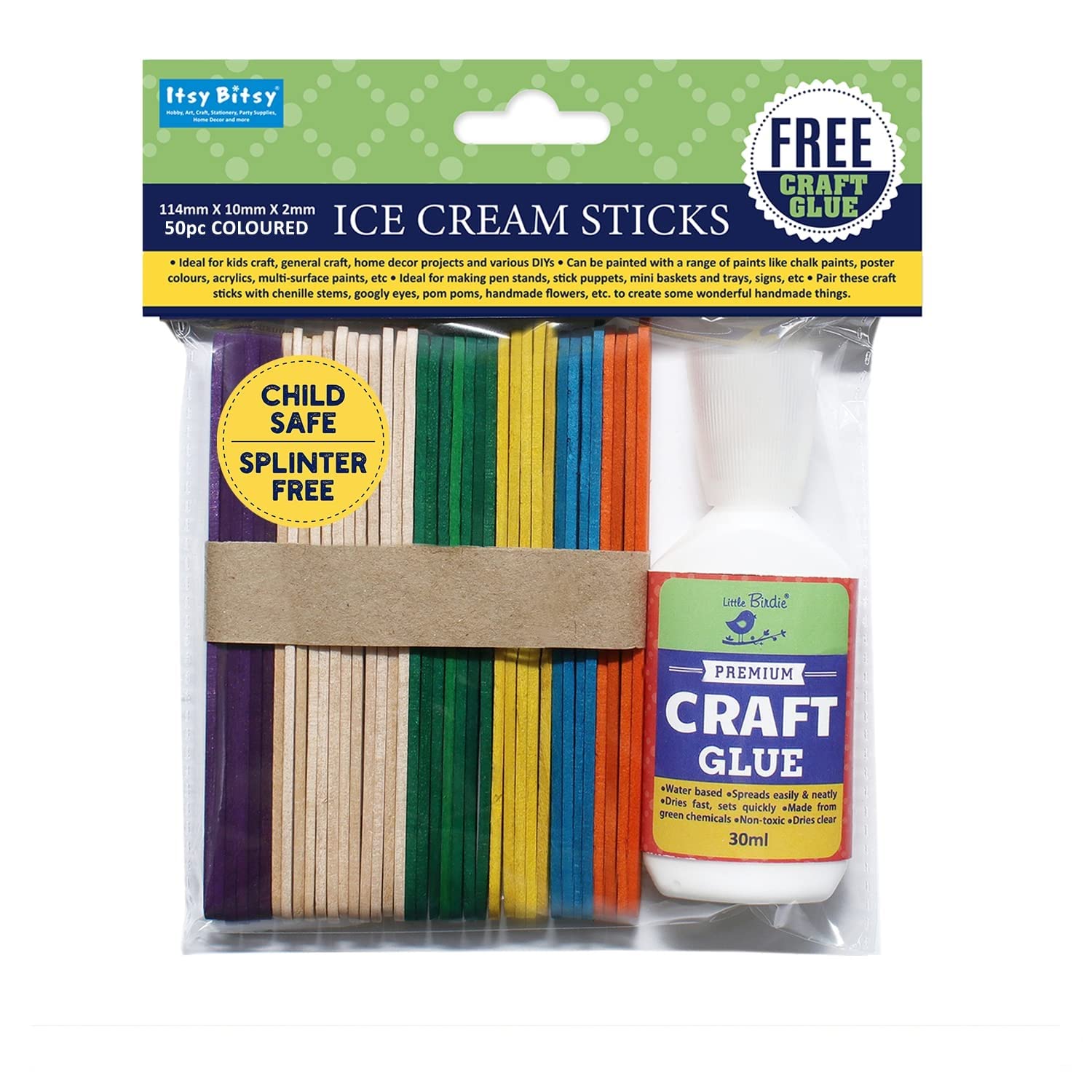 Little Birdie Itsy Bitsy Colored Ice Cream Sticks for Craft 50 pcs with 60ml Glue | Coloured Sticks for Arts, Crafts, DIY | Straight Edge Sticks | Popsicle Sticks | Ice Cream Stick 114 x 10 x 2mm-image-5