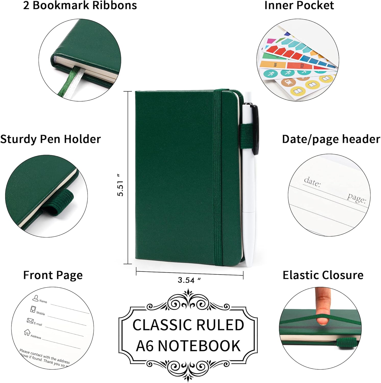 15 Pack Pocket Small Notebooks Bulk, Feela Mini Cute Notepads Hardcover College Ruled Lined Journals with Pen Holder for School Business Memos, with 15 Black Pens, 3.5”x 5.5”, A6, Dark Green