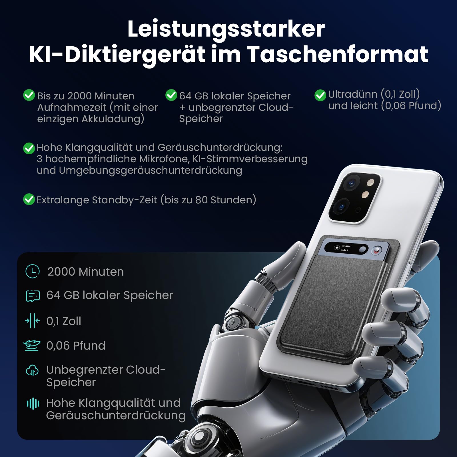 KI Digitales Diktiergerät Mit Hülle,64GB Aufnahmegerät Mit KI Transkription & Zusammenfassung,Tragbar Voice Recorder Unterstützt 134 Sprachen,Mini-OLED-Display,Diktiergerät Für Vorlesungen/Meetings