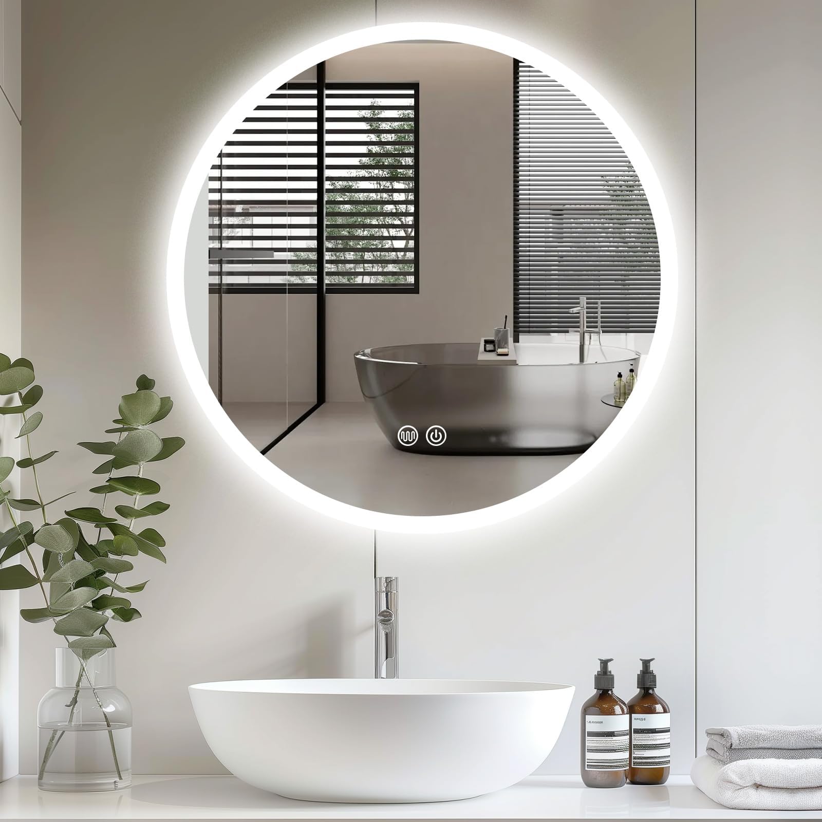 Trintion LED Spiegel Bad mit Beleuchtung 60cm Rund - Dimmbar mit 3 Lichtfarben (3500K-6500K), Touch-Schalter, Beschlagfrei - Badezimmerspiegel mit Licht für Make-up & Rasur