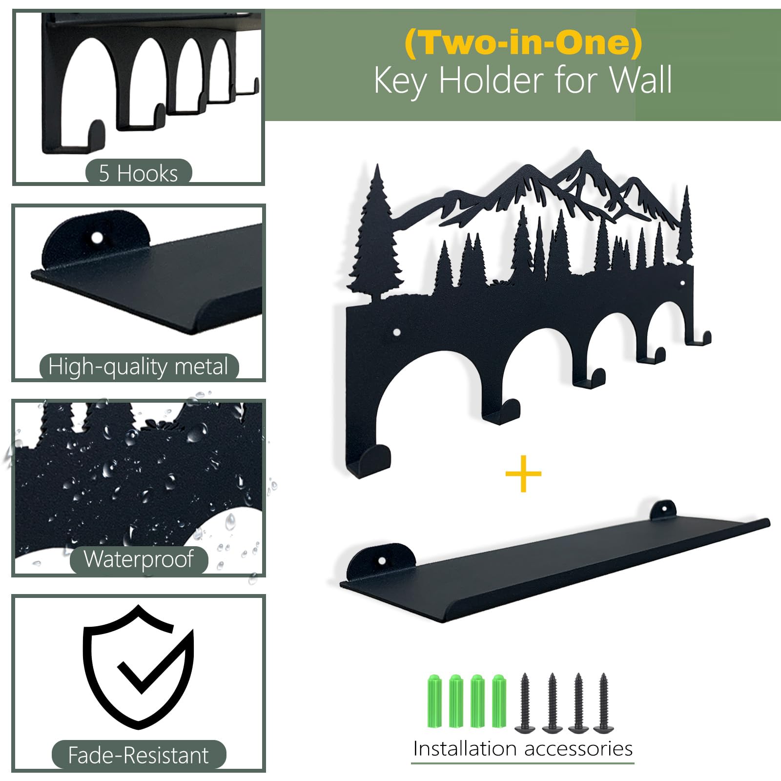 Portachiavi Da Parete Con Mensola 2 In 1 - Design Montagna, Metallo Nero Opaco 25 Cm, 5 Ganci Per Ingresso O Corridoio