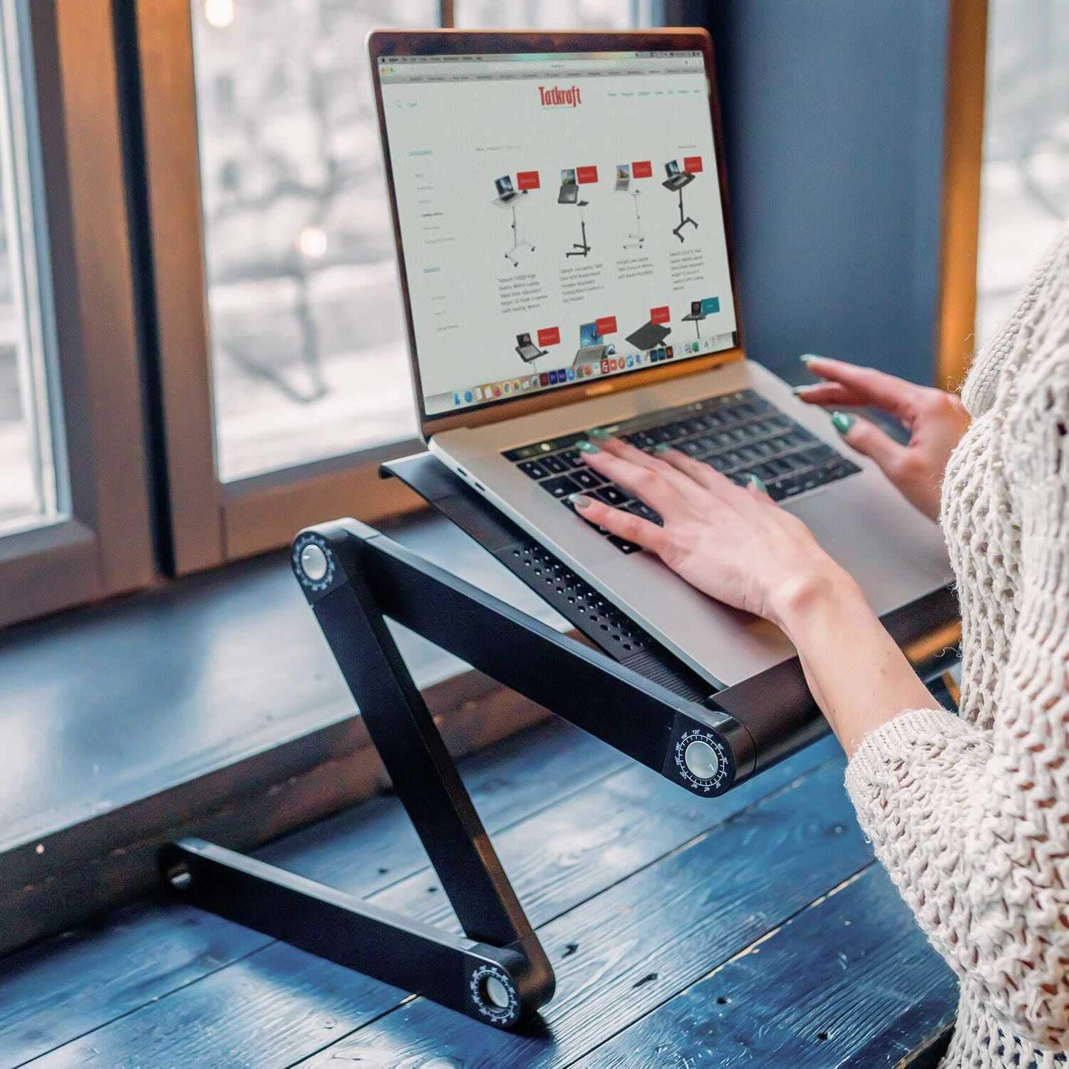 WonderWorker Nobel Scrivania ergonomica per laptop extra larga, Tavolino porta PC Supporto PC portatile e regolabile, Vassoio da letto, Base di raffreddamento portatile, Nero