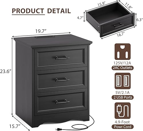 Miniatura 2 de Mesita de noche con estación de carga, mesa auxiliar de granja de 19.7 pulgadas con 3 cajones de almacenamiento, mesa auxiliar de cama de madera con