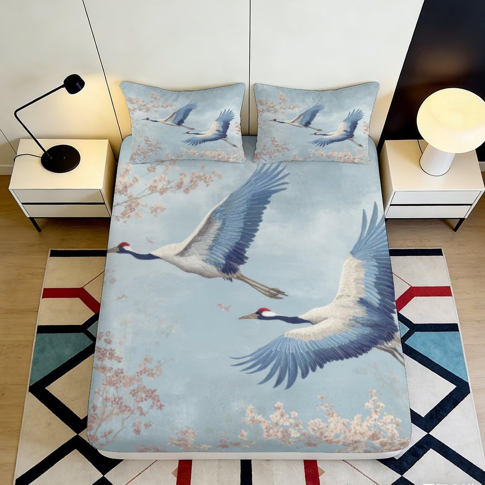 3D Printed Flying Crane Fitted Sheet Microfiber Soft Blue Sakura Bed Cover for Bedroom Guest Room Mattress Protection Decor 120x200x25cm
