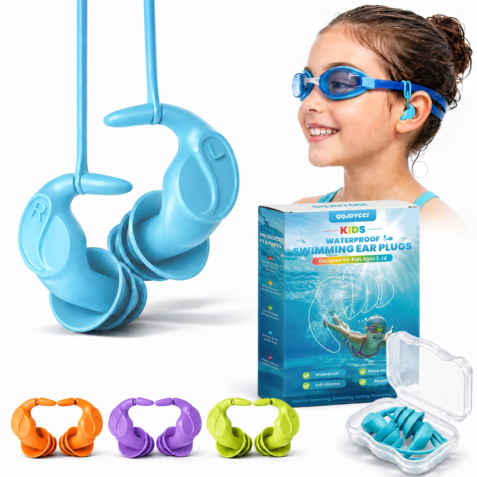 Kids Swim Ear Plugs - 4 Pairs Waterproof Silicone Earplugs for Children 5-14 Years with Detachable Cord, 2 Wearing Styles, Attaches to Goggles, Reusable Ear Protection for Pool, Swimming Lessons