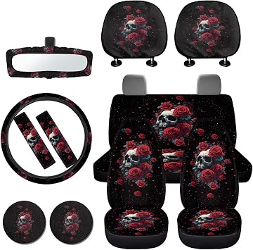 Skull Rose Print Full Seat Covers for Cars Dust-Proof Decorative Headrest Covers Steering Wheel Cover Safety Belt Pads Rearview Mirror Cover Cup Coasters, Universal Fit