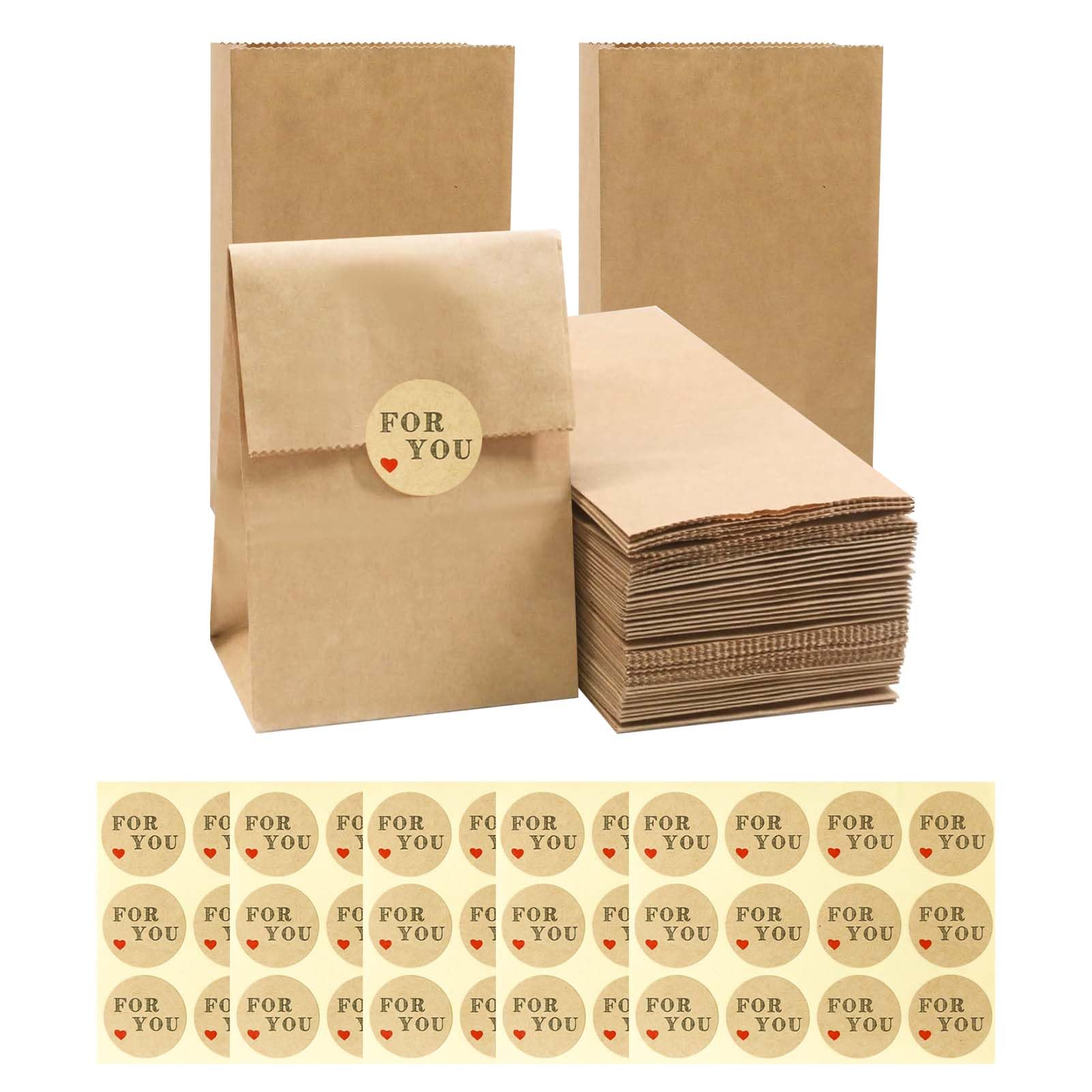 Solbrezeni Brown 50 Pcs Paper Bags For Food, 9X18x5.5cm Paper Lunch Bags With 60 Stickers, Kraft Paper Food Bags For Sandwich, Grocery, Snack, Lunch, Birthday, Party Favor, Easter, Snack Packaging