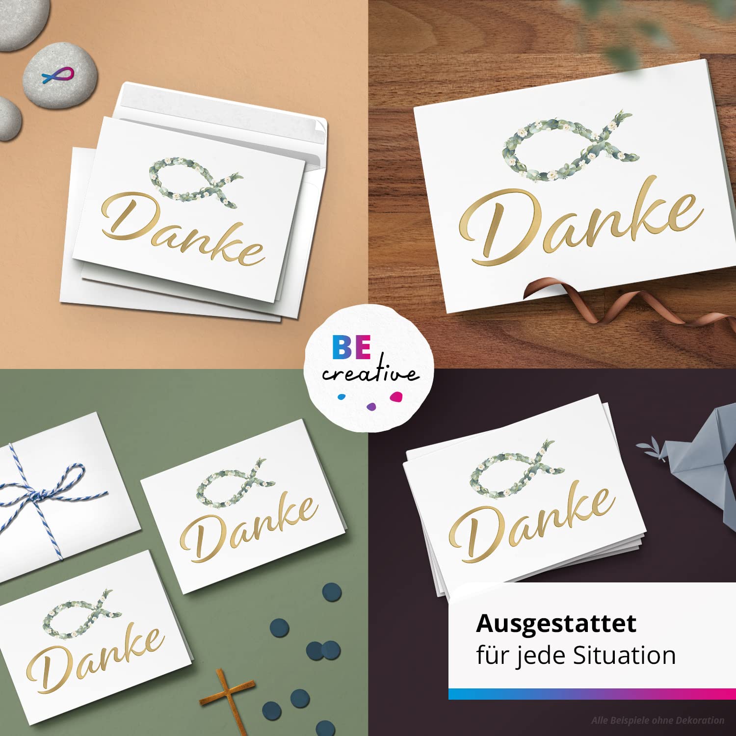 50 Dankeskarten kirchlich - Motiv Blätterfisch edel - moderne Klappkarten mit Umschlägen - Danke sagen nach Kommunion, Konfirmation, Taufe, Hochzeit