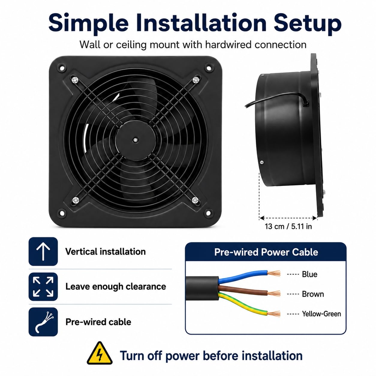 Ventilador extractor de 300 mm, 2600 rpm, 2850 m³/h, ventilador de pared, ventana, para cocina, baño, garaje, color negro