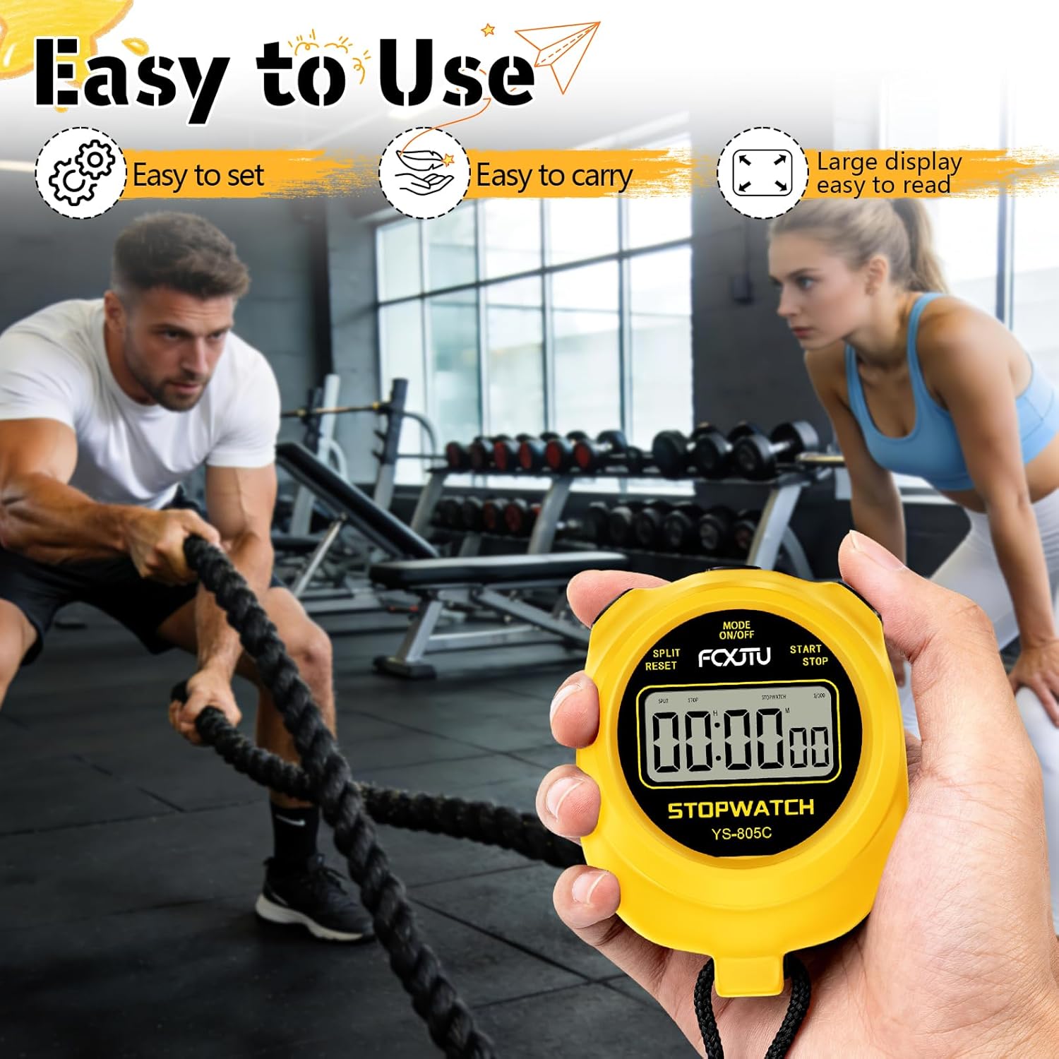 FCXJTU Simple Stopwatch Timer, Single Lap Stopwatch Countdown Timer, No Hourly Beep, On/Off, AAA Battery(Included), Large Display, Easy to Use, Ideal for Kids Coaches Yellow