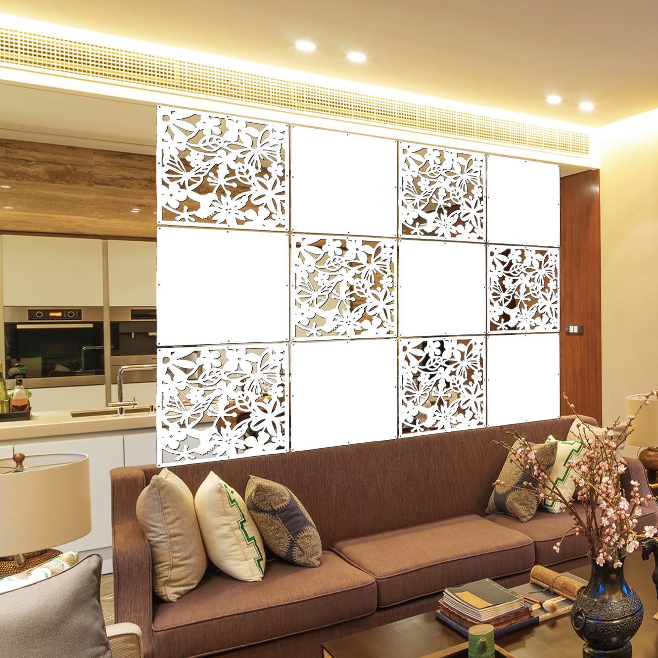 LRZCGB Hanging Room Divider,12pcs PVC Screen Panel with Butterfly Flower Bird for Living Dining Study Sitting-Room Hotel Bar Decoration(White)