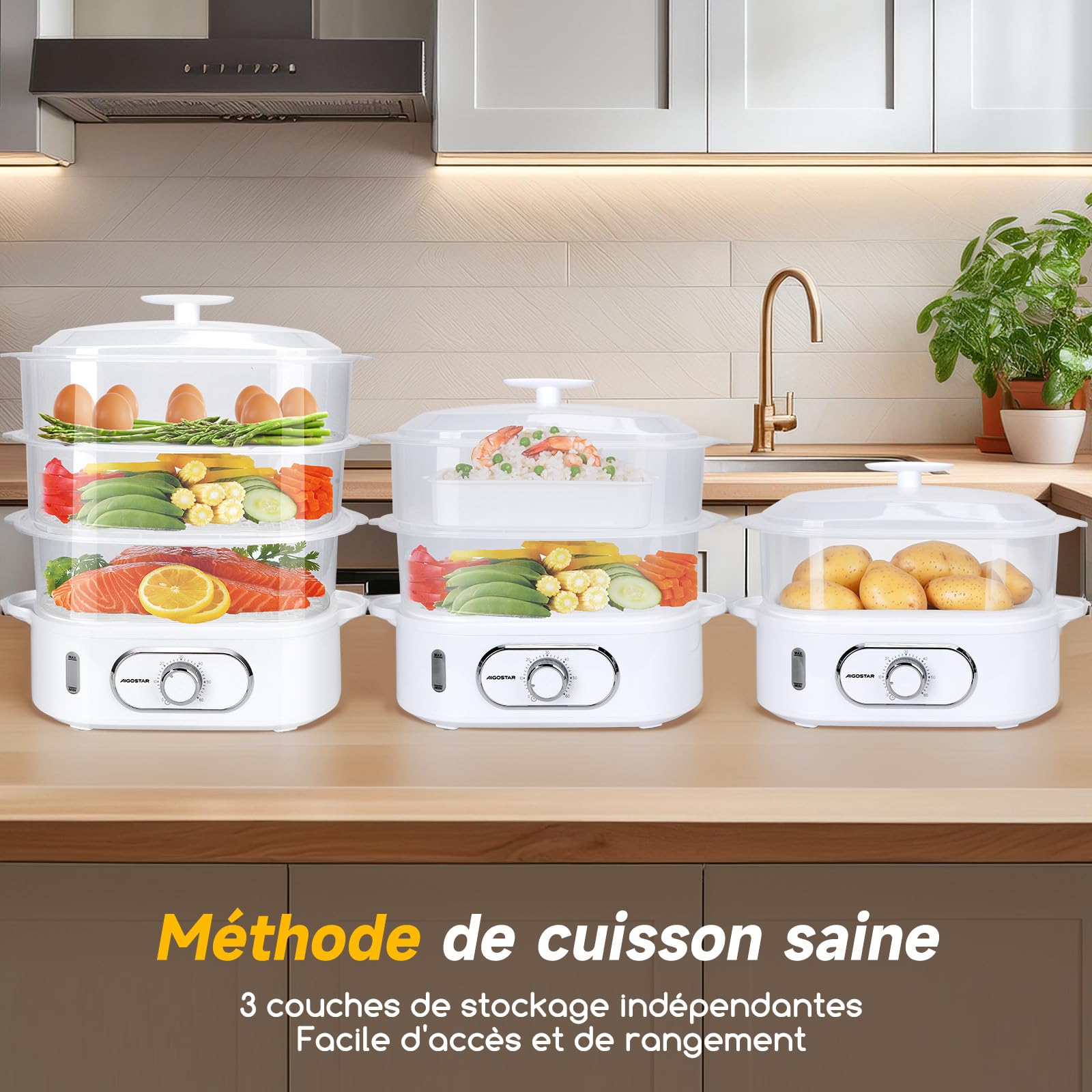 Aigostar Cuiseur Vapeur Electrique 12L, Cuiseur Vapeur Avec 3 Récipients Empilables, Support Pour Cuire les œufs, Minuterie de 60 Minutes, Récipient Pour Cuire le riz, Sans BPA, 900 W