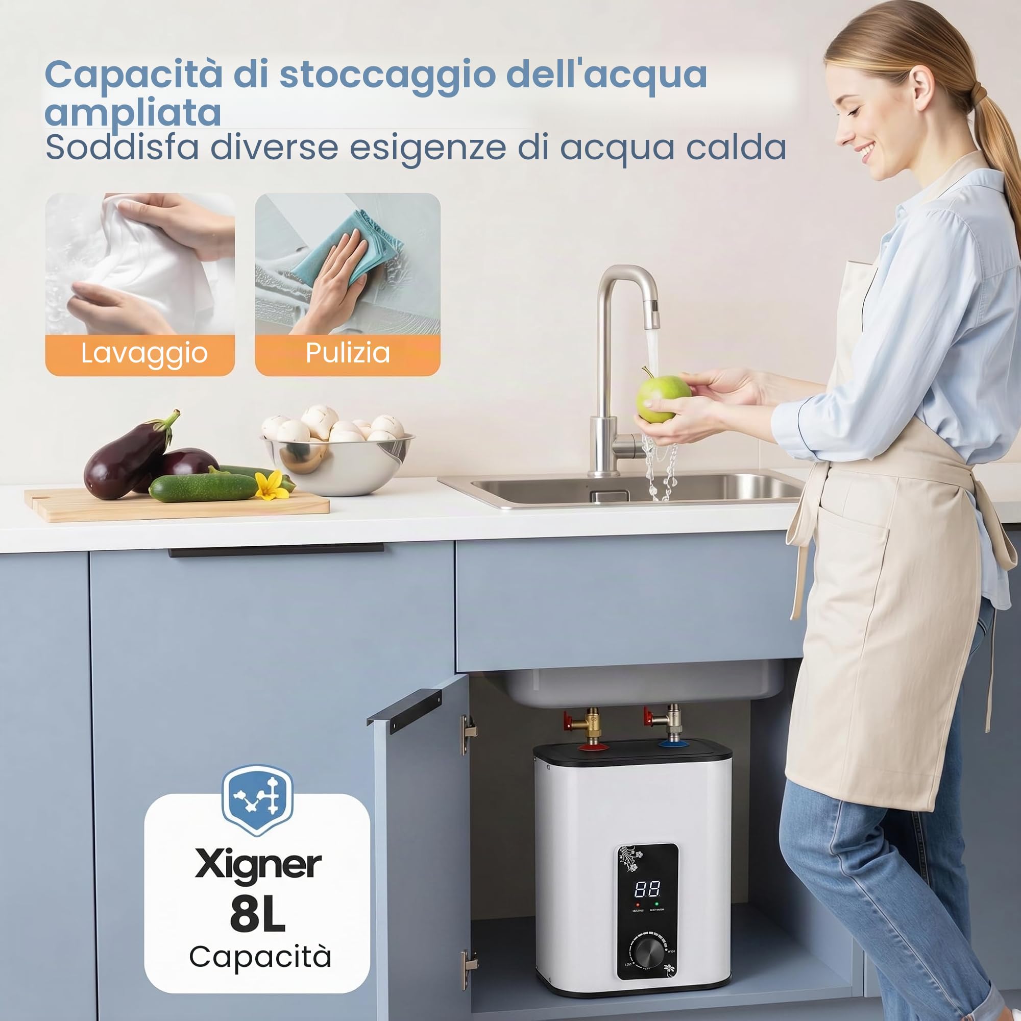 Scaldabagno sottolavello - 8 l - Serbatoio di acqua calda resistente alla pressione - 1500 W - Con display LED - Temperatura regolabile da 0 a 65 °C - Per lavabo, cucina e bagno - Bianco - 220-240 V