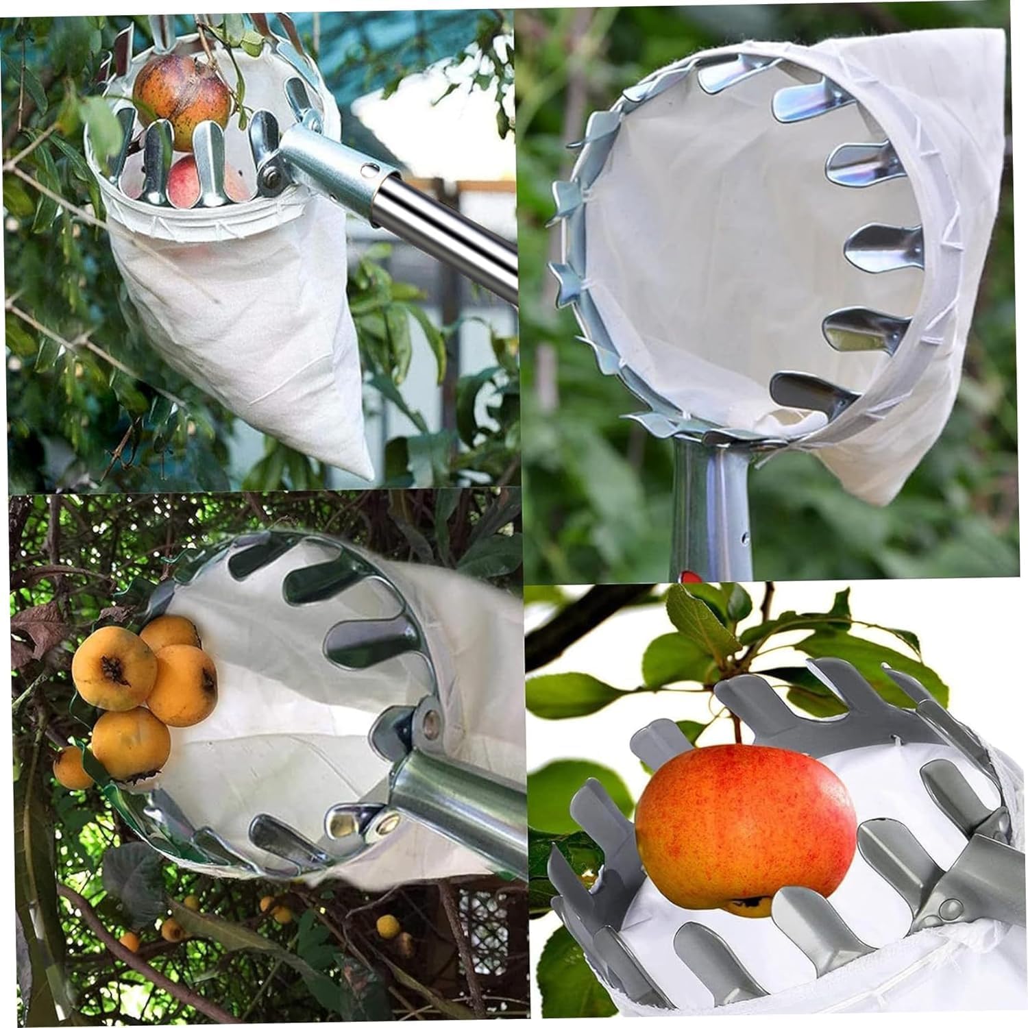 420cm Ramasse Fruit INOX, Cueille Fruit Con Perche, Cueilleur Fruits Amovible, Cueille Cerise, Cueille Pomme, Cueille Fruit, Outil Cueillette Jardin， Cueille-Fruits avec Sac, Ramasse Pomme