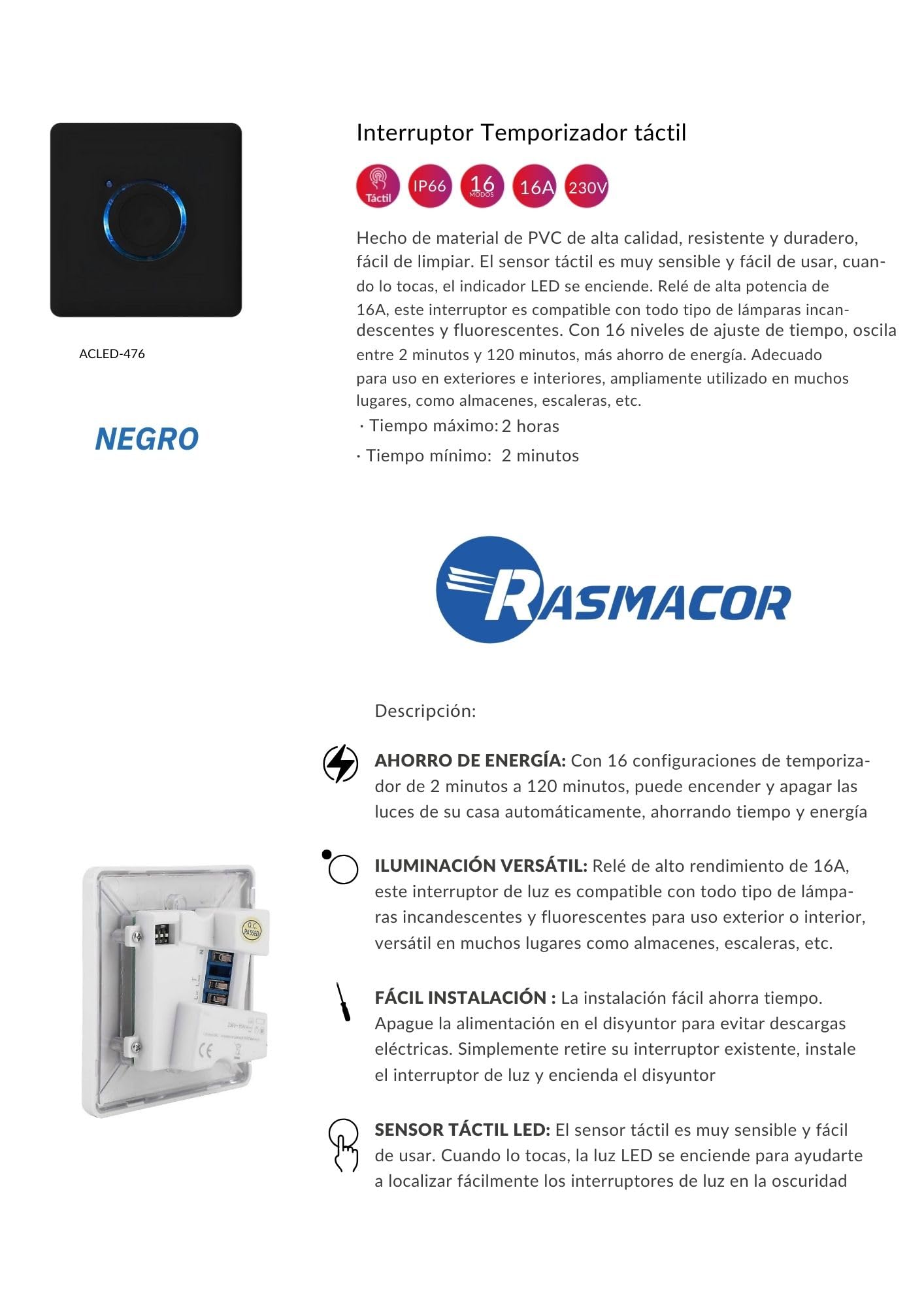 RASMACOR Minuteur Mural Tactile LED IP66, pour intérieur et extérieur, 16 Niveaux de réglage du Temps, 16 A, 230 V, durée réglable de 2 à 120 Minutes, Installation Facile (Noir)
