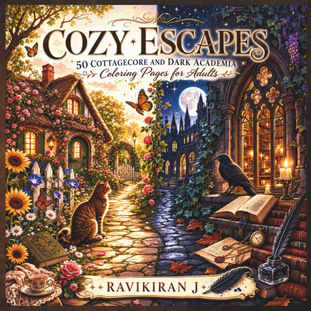Cozy Escapes: 50 Cozy Cottagecore & Dark Academia Coloring Pages for Relaxation and Stress Relief