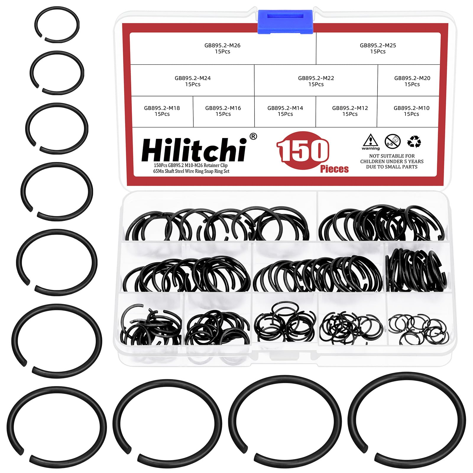 Hilitchi 150PCS Round Wire C-Clips 10 Sizes GB895.2 Retainer Clip Black Internal Snap Rings Round Wire Snap Rings Assortment Kit for Hole Shaft