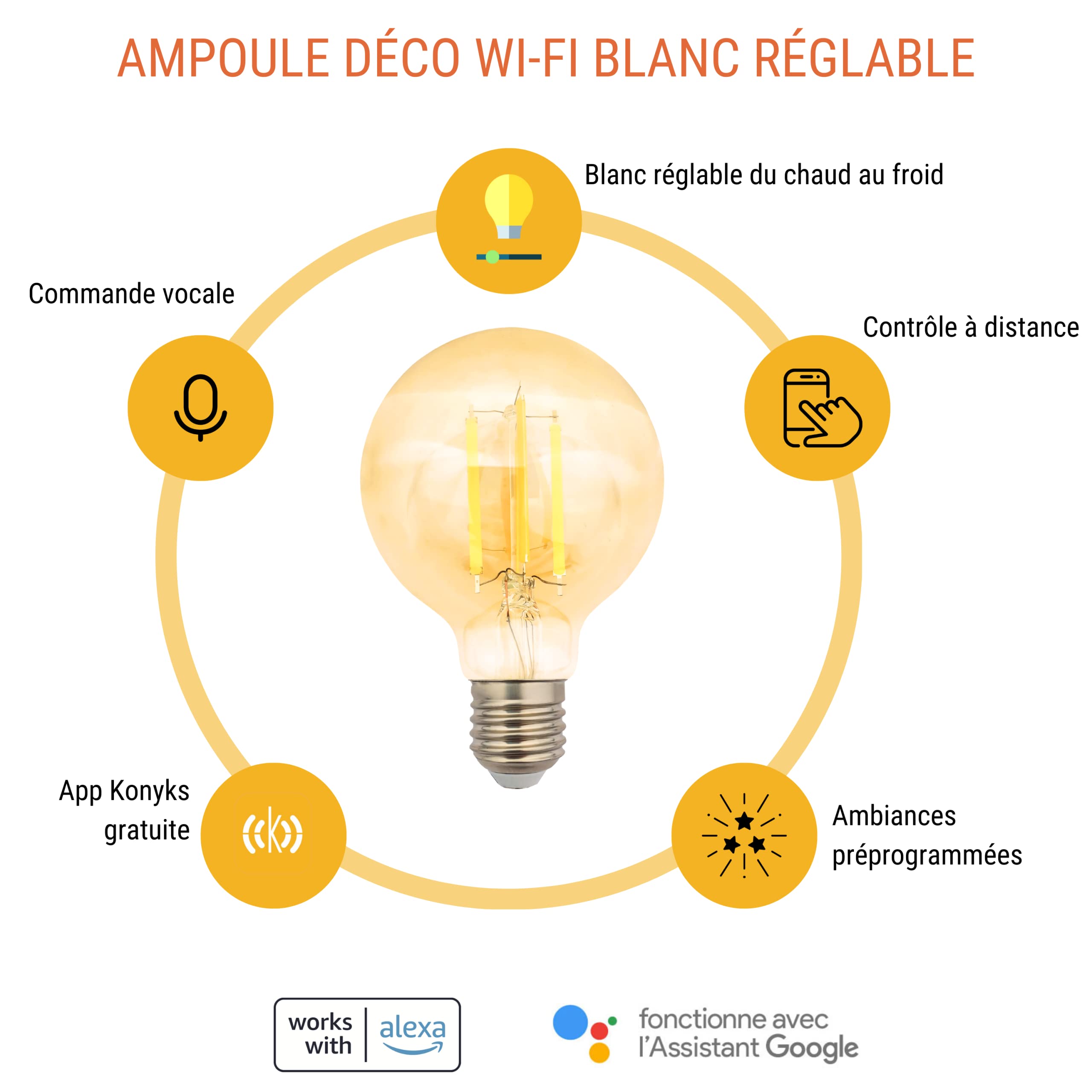 Konyks Antalya Style G80 Amber Color Smart Żarówka LED WiFi + BT, kompatybilna z Alexa i Google Home, łatwa automatyzacja