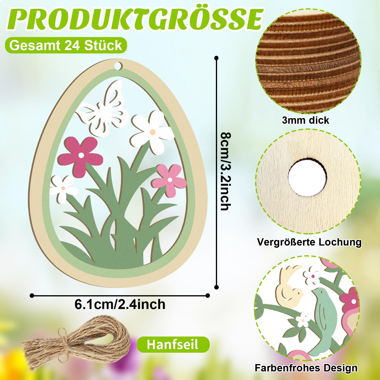 Pack of 24 Hanging Decorations, Spring Decoration Pendants, Wooden Easter Bunny, Easter Eggs, Butterflies, Flowers - Image 2