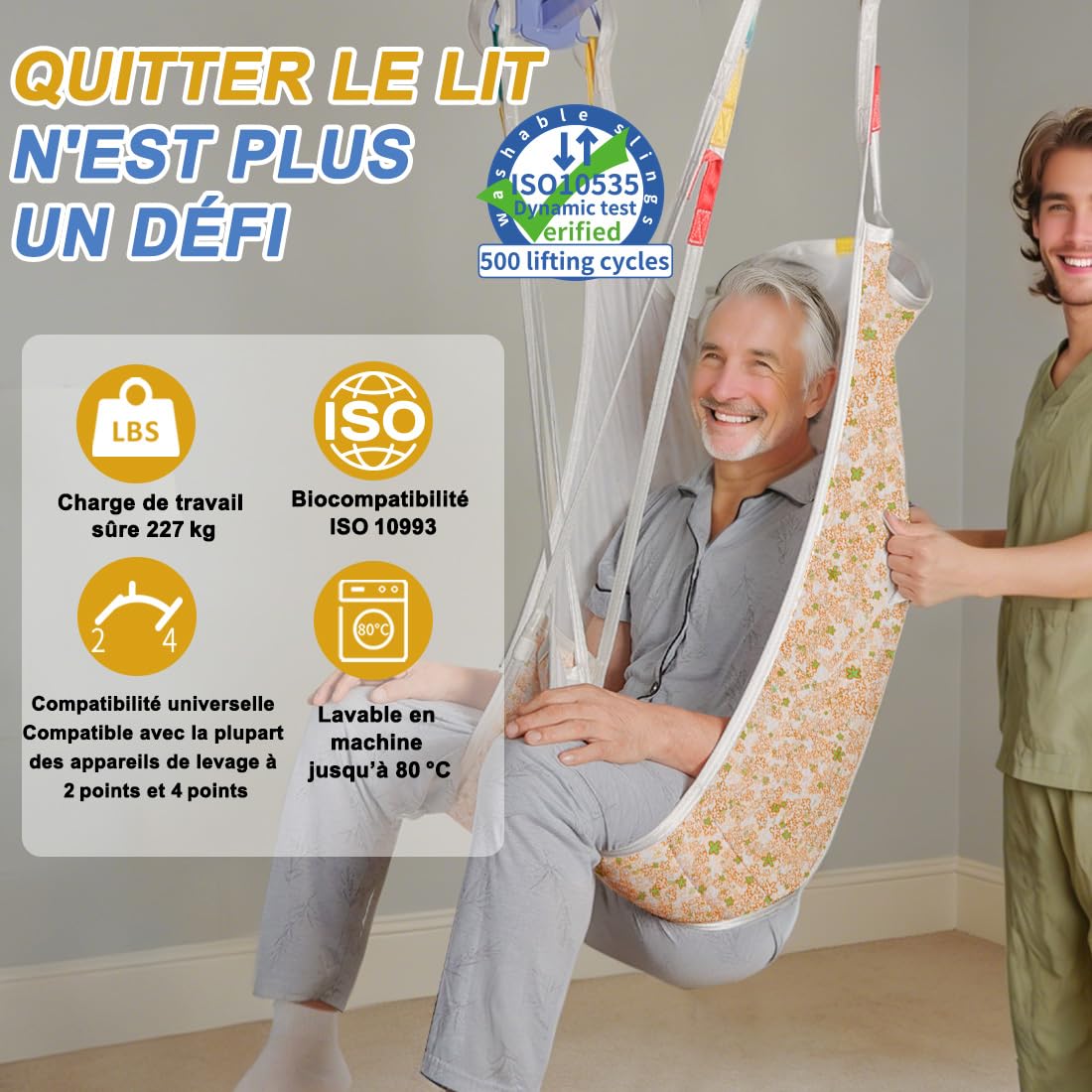 Ehucon Sangle Lève-Personne avec Appui-Tête, Sangle de Transfert à Jambes Séparées, Harnais Complet Rembourré, Compatible avec Lève-Malade, pour Domicile & Établissements de Soins (M)