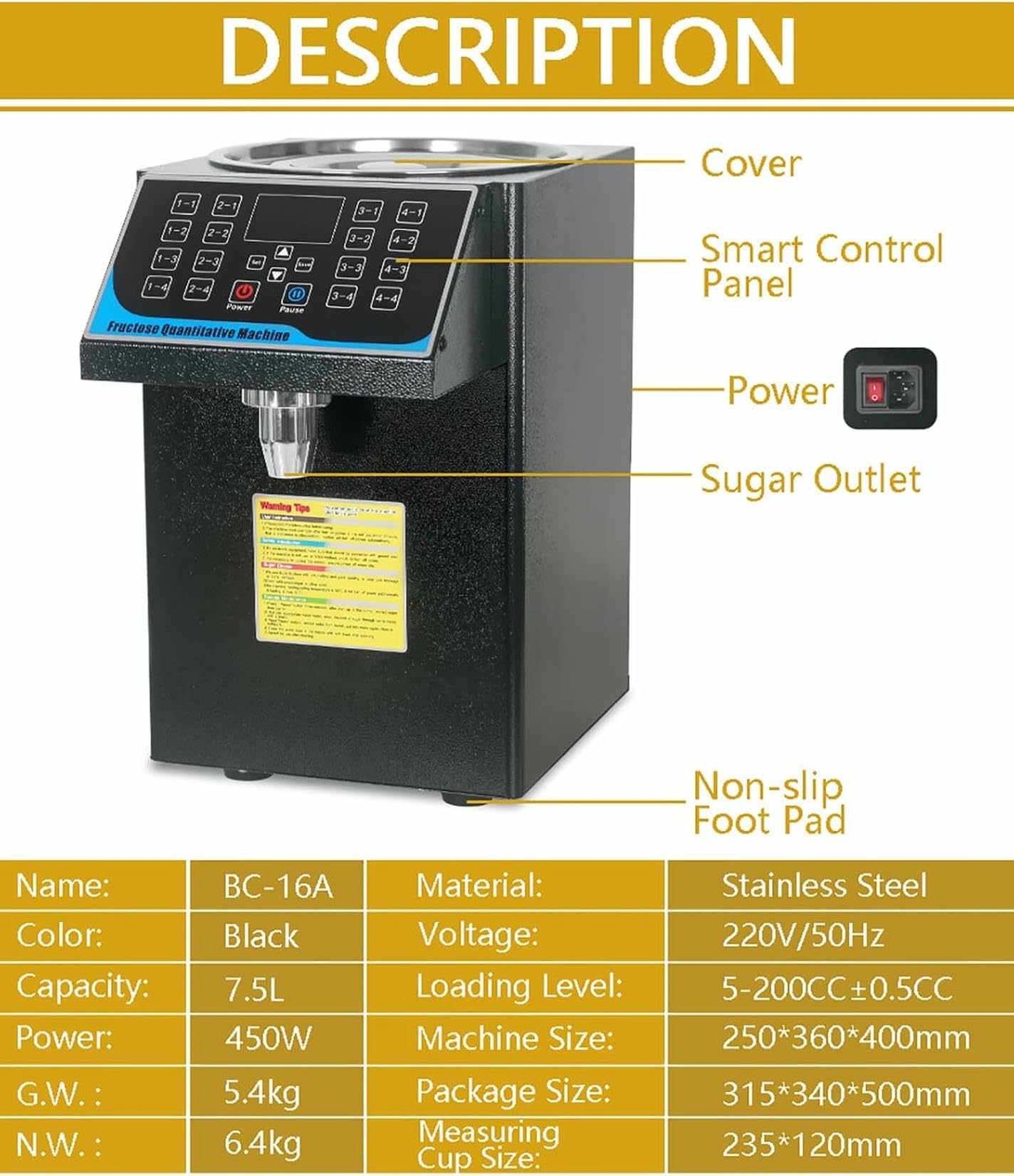 Distributore automatico di fruttosio, macchina quantitativa per polvere di zucchero da 450 W, distributore di sciroppo da 7,5 litri per ristoranti e snack, attrezzatura efficiente per bevande