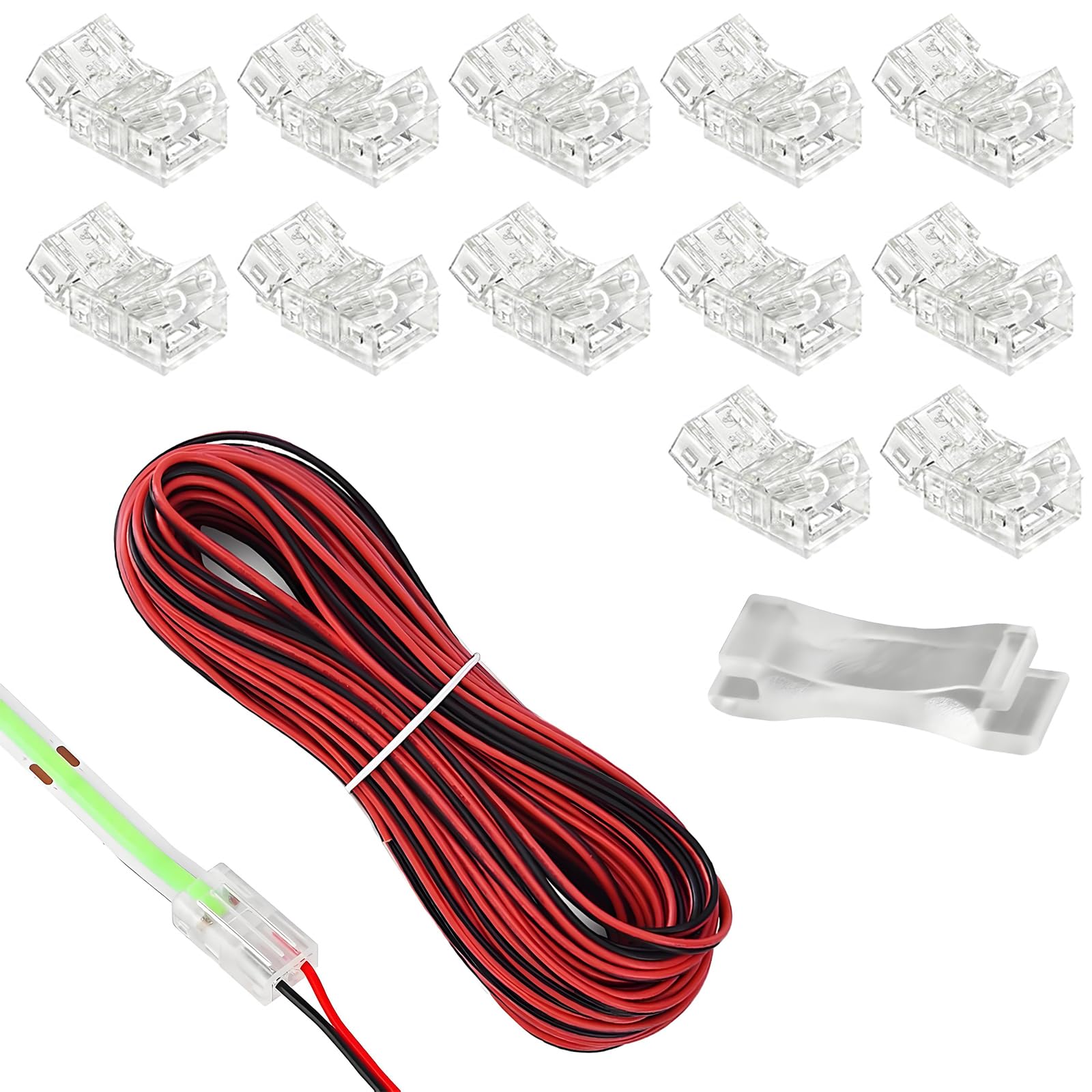 12 PCS 2 Pin 8mm COB LED Strip Connectors, Waterproof Solderless Quick Connection with 5M Extension Cable and Opener Tool, for LED Strips, Home and Automotive Lighting Projects — image 1