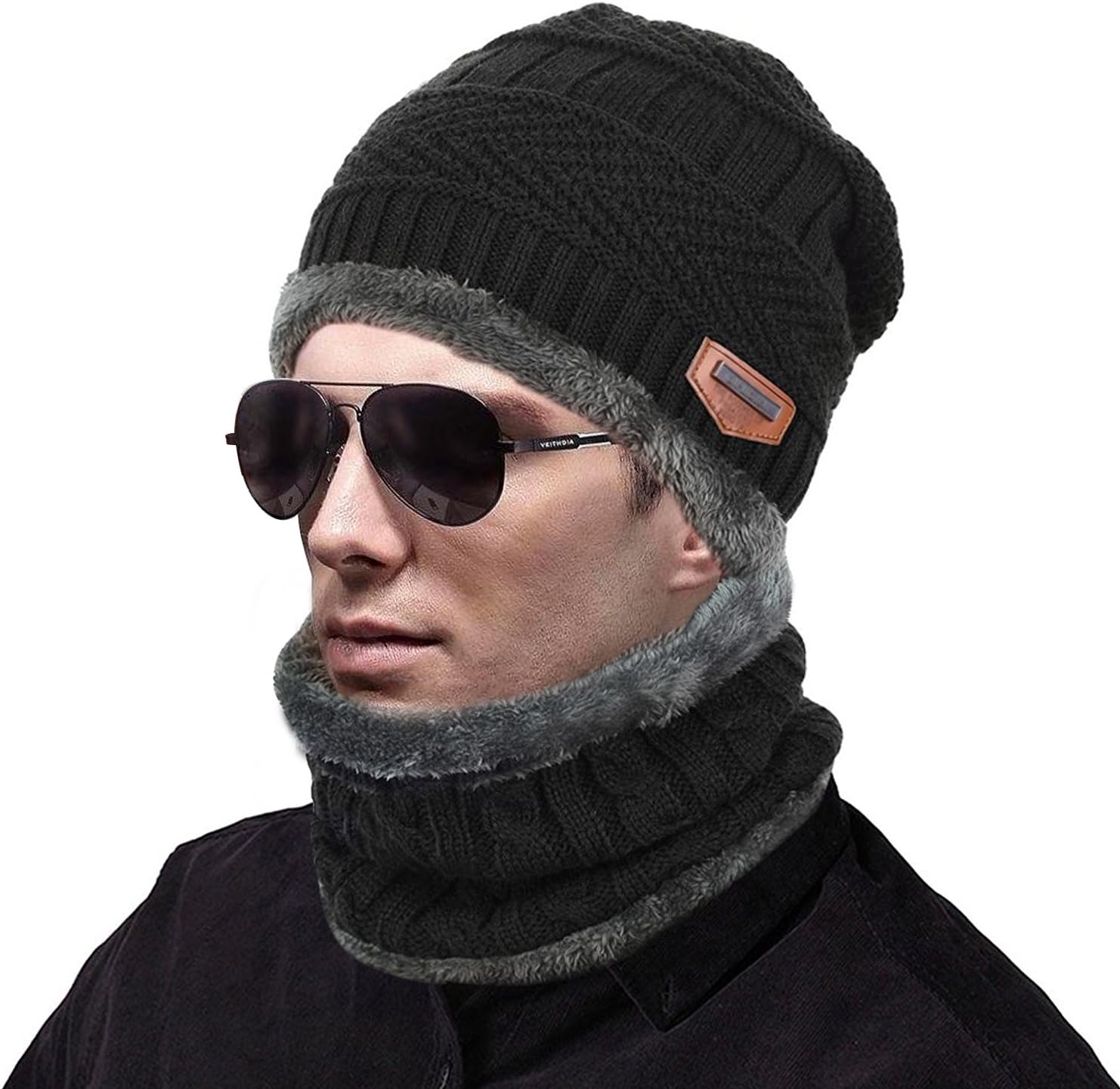 MUCO Mens Womens Winter Beanie Hats Scarf Set Warm Knit Hat Thick Fleece Lined Slouchy Cap Neck Warmer for Men Women