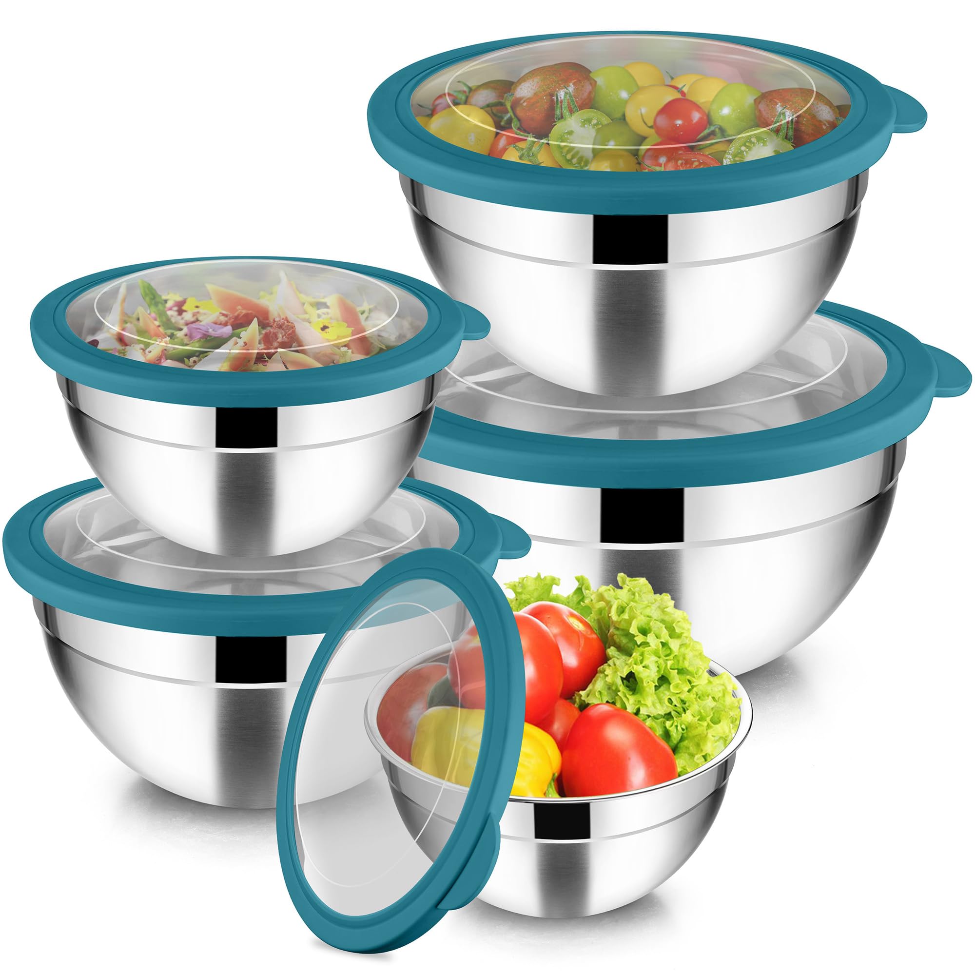 Joyfair Set di 5 ciotole in acciaio inox con coperchio ermetico trasparente, 4,5 l, 2,7 l, 1,5 l, 1,2 l, 0,7 l, impilabili, per servire/cucinare/cuocere, lavabile in lavastoviglie, colore: blu