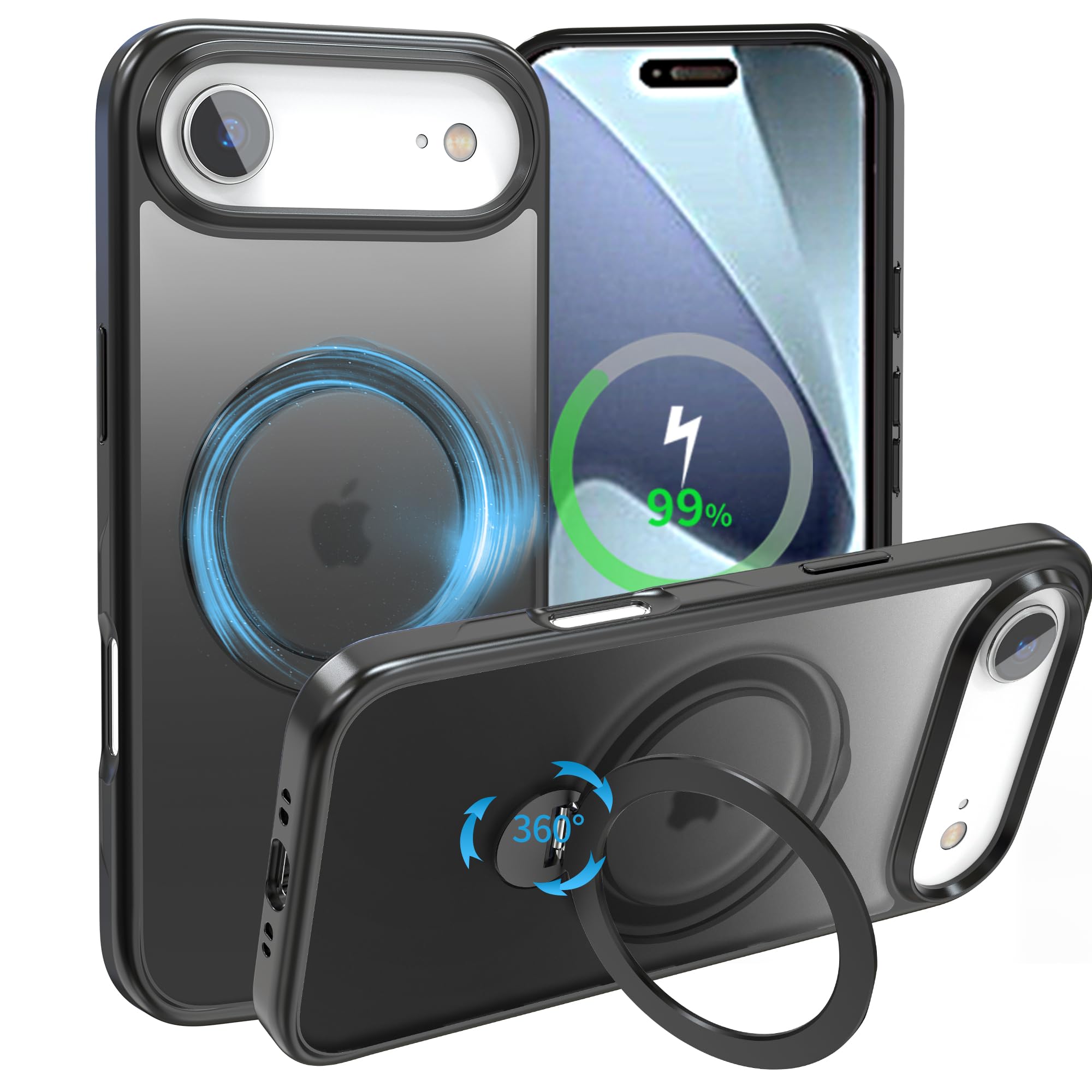 【超絶安定性ゼンマイ式】ハット iPhone 17 Air用 ケース 360度回転スタンド 半透明感 耐衝撃 縦横両対応 マグネット搭載 [隠しスタンド＆MagSafe対応＆リング] いphone17 Air用 ケース 指紋防止 黄変防止 6.5 インチ ブラック