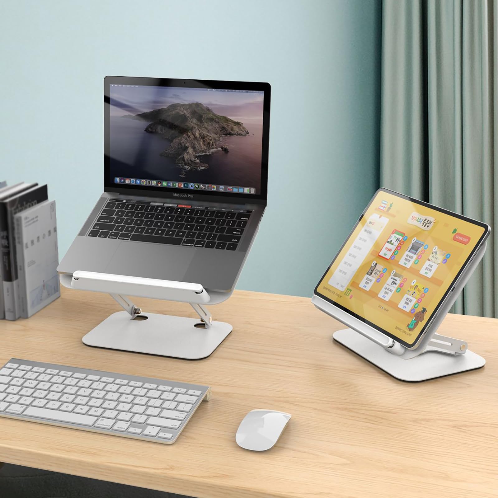 Buchständer zum Lesen, verstellbarer Tischbuchständer mit 360°-Drehfuß, faltbar, verstellbarer Winkel, multifunktional, für Kochbücher, Rezeptbücher, Tablets und Laptops - Silber