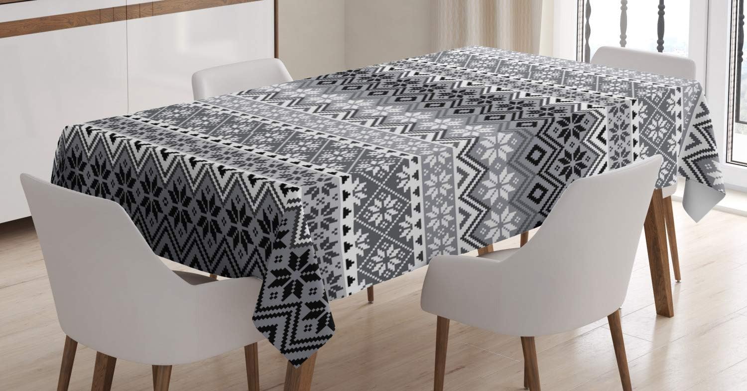 Ambesonne Grey Tablecloth, Nordic Snowflake Knit Patterns Scandinavian Motifs Traditional and Modern Print, Rectangular Table Cover for Dining Room Kitchen Decor, 52" X 70", Gray White 52" X 70" Gray White