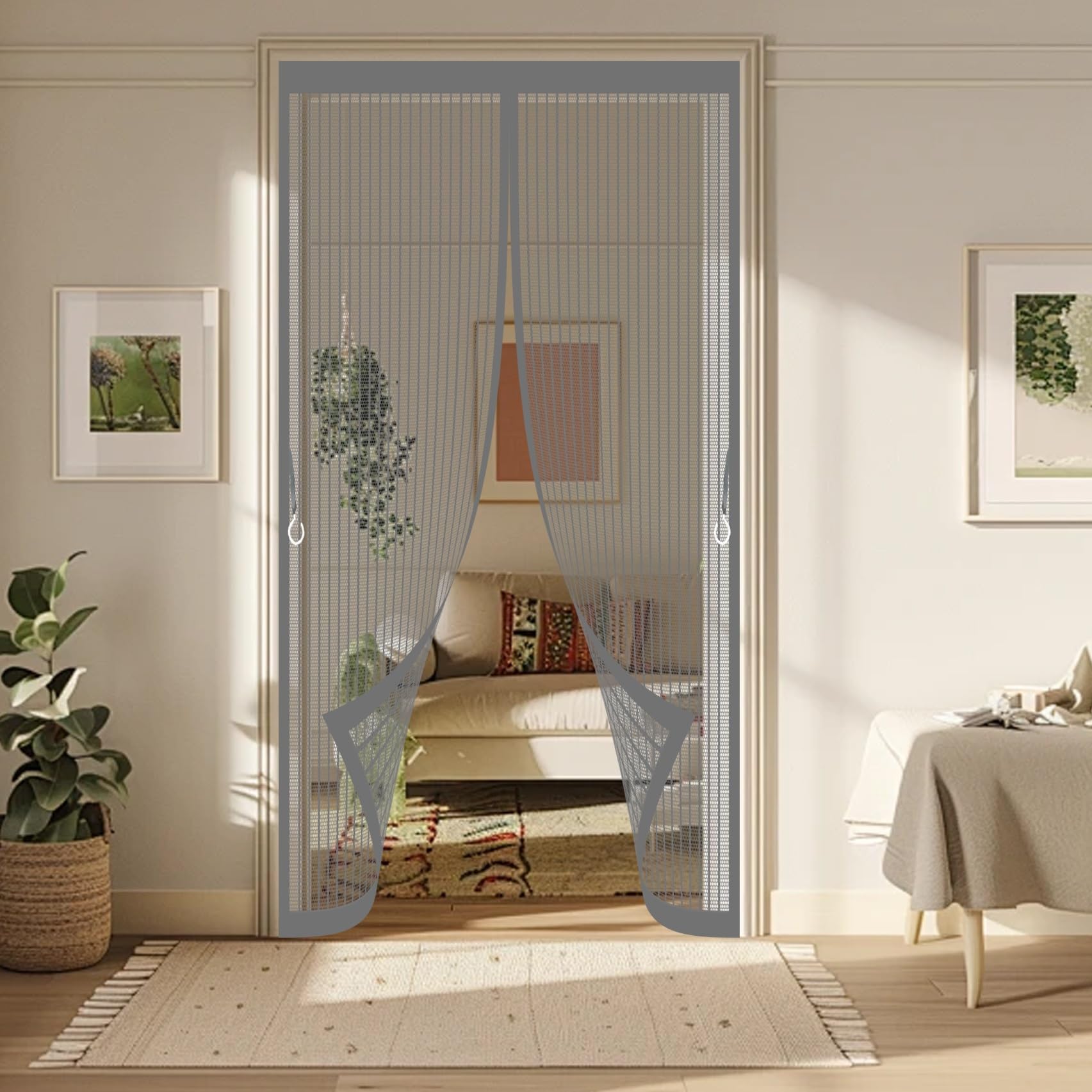 Door Fly Screen Curtain 120 x 220 cm Powerful Magnets, No Drill Installation, Automatically Closes, for Keeping Out Flies & Bug Thermal Door Curtain Magnetic for Patio Doors Bedroom, Grey