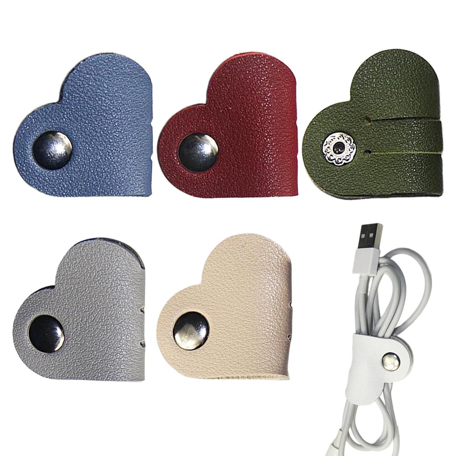Cenmoo Random Colour Mix. Heart Cord Organizer | Pu Leather Cable Ties, Heart Shaped Cable Organizer - Cable Management Cable Ties, Earbuds Holder, Headphone Cord Winder, Earphone Organizer For School