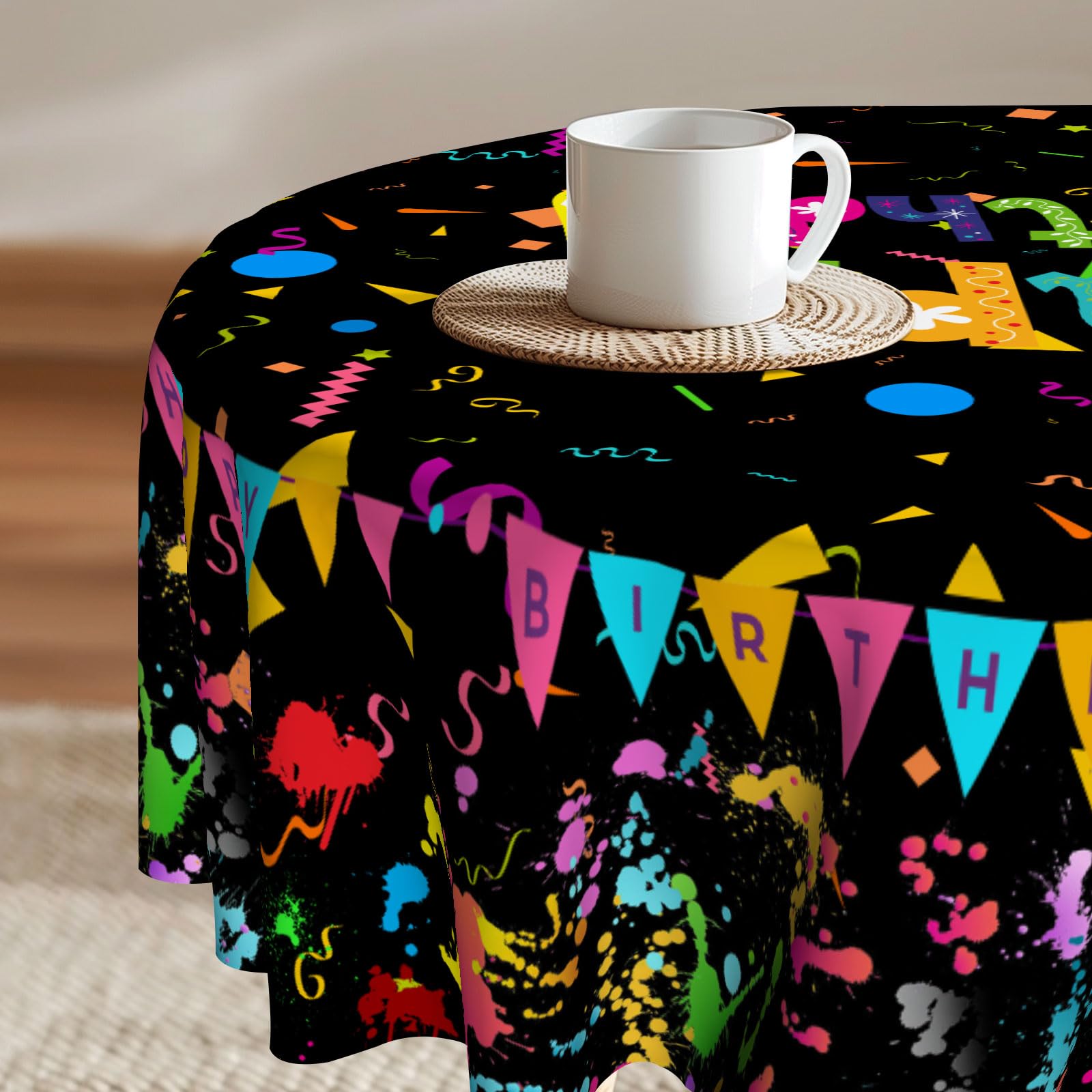 Imiss Birthday Round Tablecloth Happy Birthday Black Circle Table Cloth 60 Inch Colorful Party Polyester Wrinkle Resistant Table Cover for Celebration