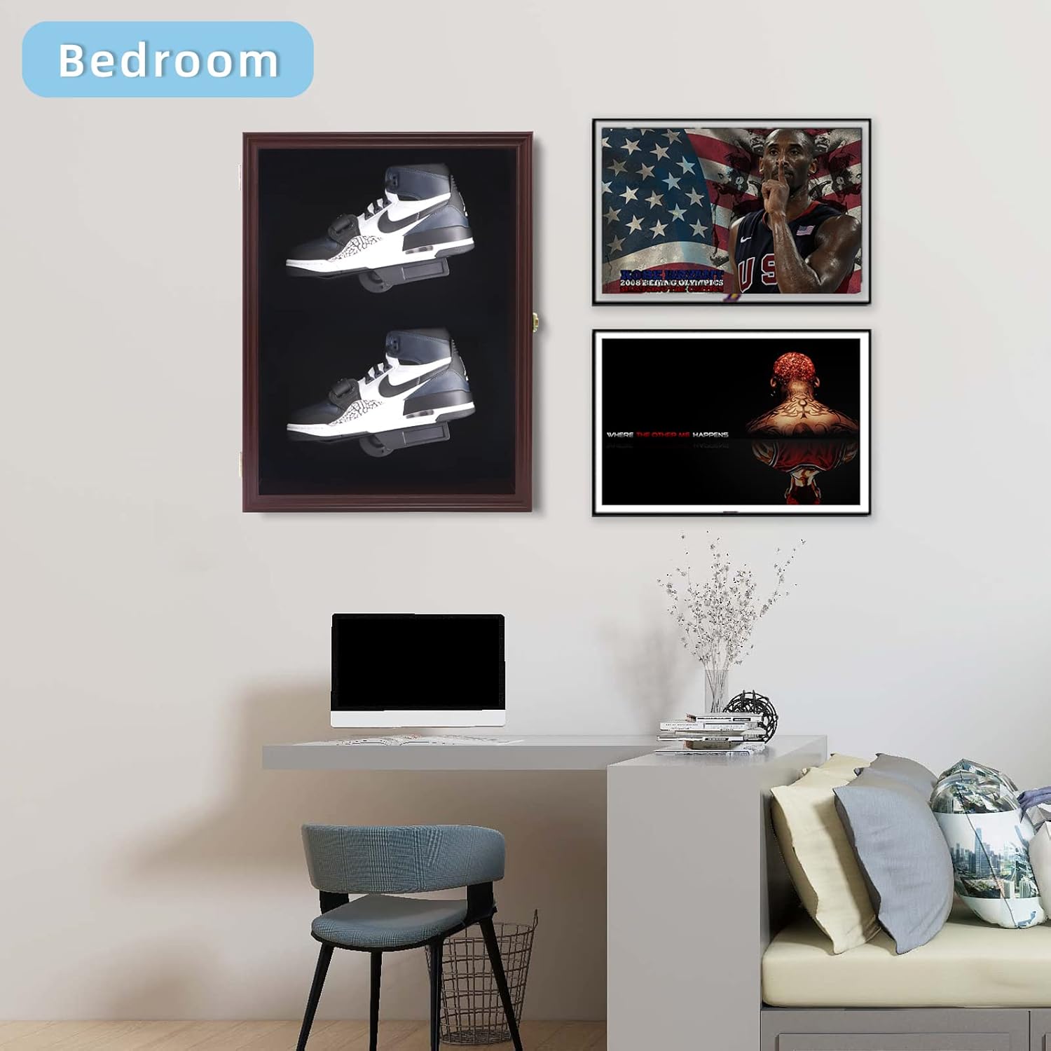 Memorabilia Shoe Display Case Wooden Frame Wall Mount Acrylic Clear Door Sneaker Cabinet Containers Storage Shelves Boxes 98% UV Protection Lockable（Double Shoe-Cherry） (Double Shoe-Cherry)