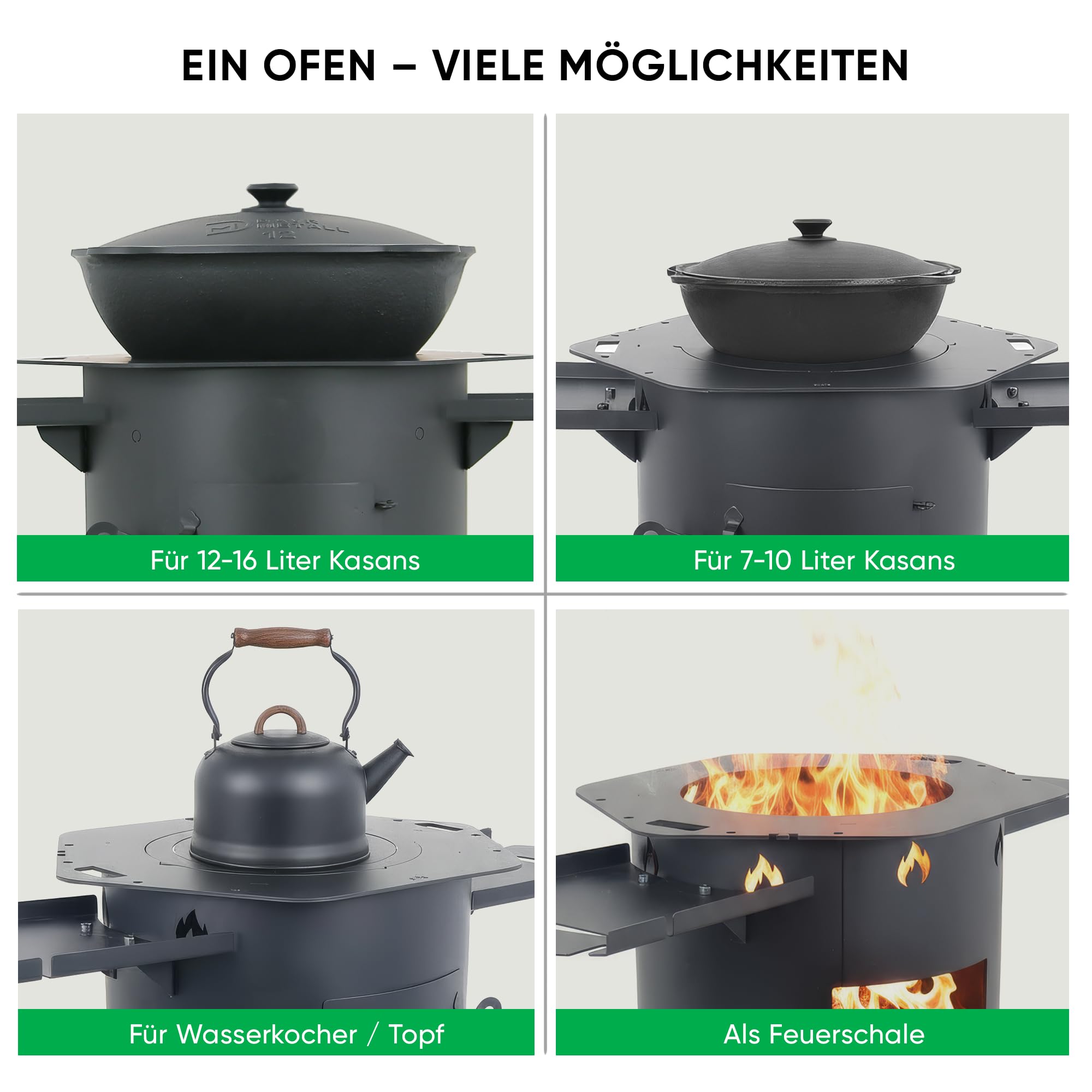 Gusseisen Kazan 16L mit Utschak Feuerofen Ø 44cm | Kasan-Set Runder Boden Deckel | Учаг Feuerschale Gulaschkanone | Wok Usbekisch Kochtopf (Eckige Ofenplatte)