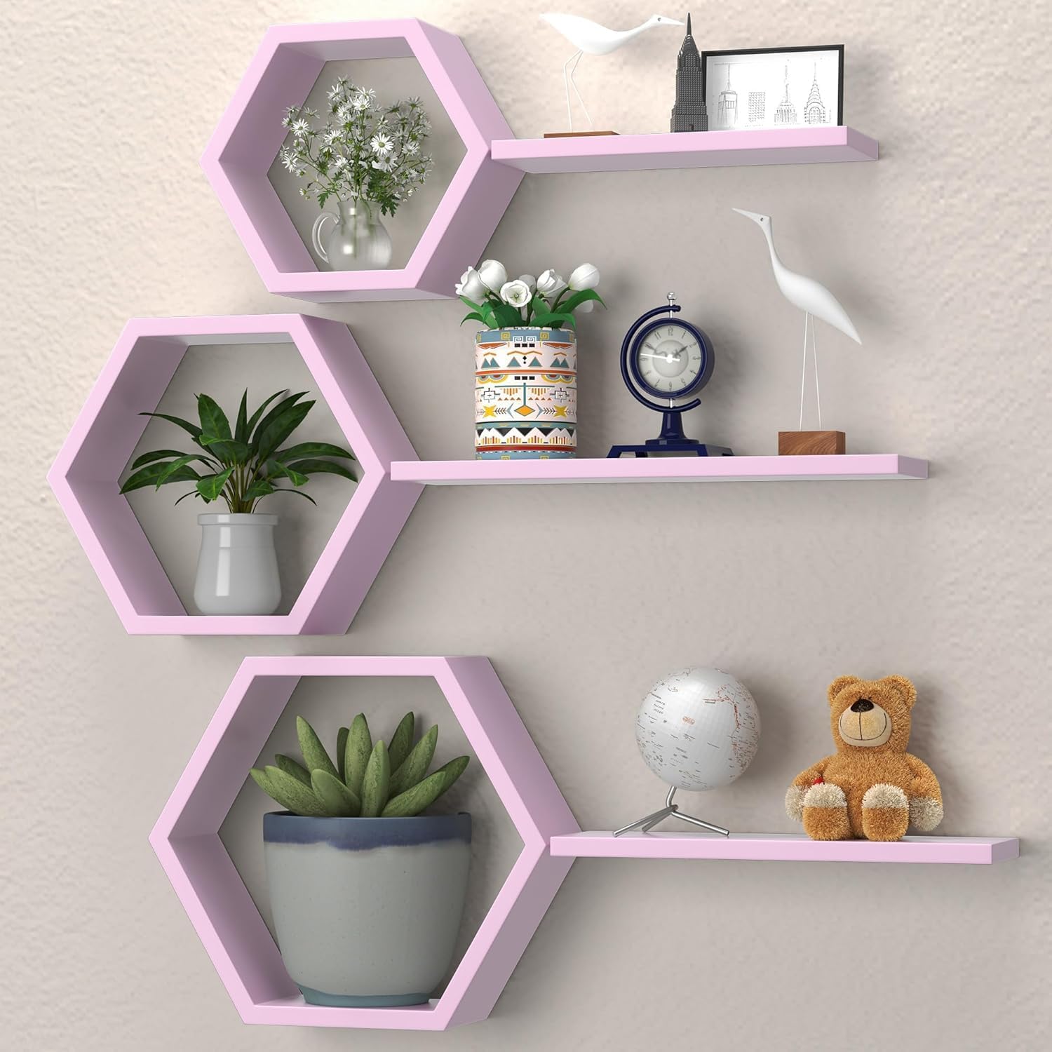 Vemptico Wooden Floating Shelves, 6 Piece Hexagonal Shape Wall Mounted Wall Shefl for Bedroom Hanging Wall Shelves for Living Room Kitchen or Home Decorative (Pink) (B0D913KWNL) Amazon Price History, Amazon Price Tracker